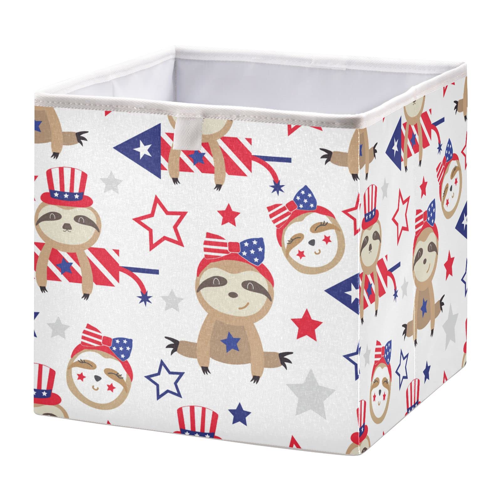Ollabaky 4th of July Sloth Cube Storage Bin - Foldable Fabric Storage Basket with Handle for Closet, Nursery & Toy Organization | Perfect for Holiday Decor, Kids' Room Storage & Seasonal Home Organization