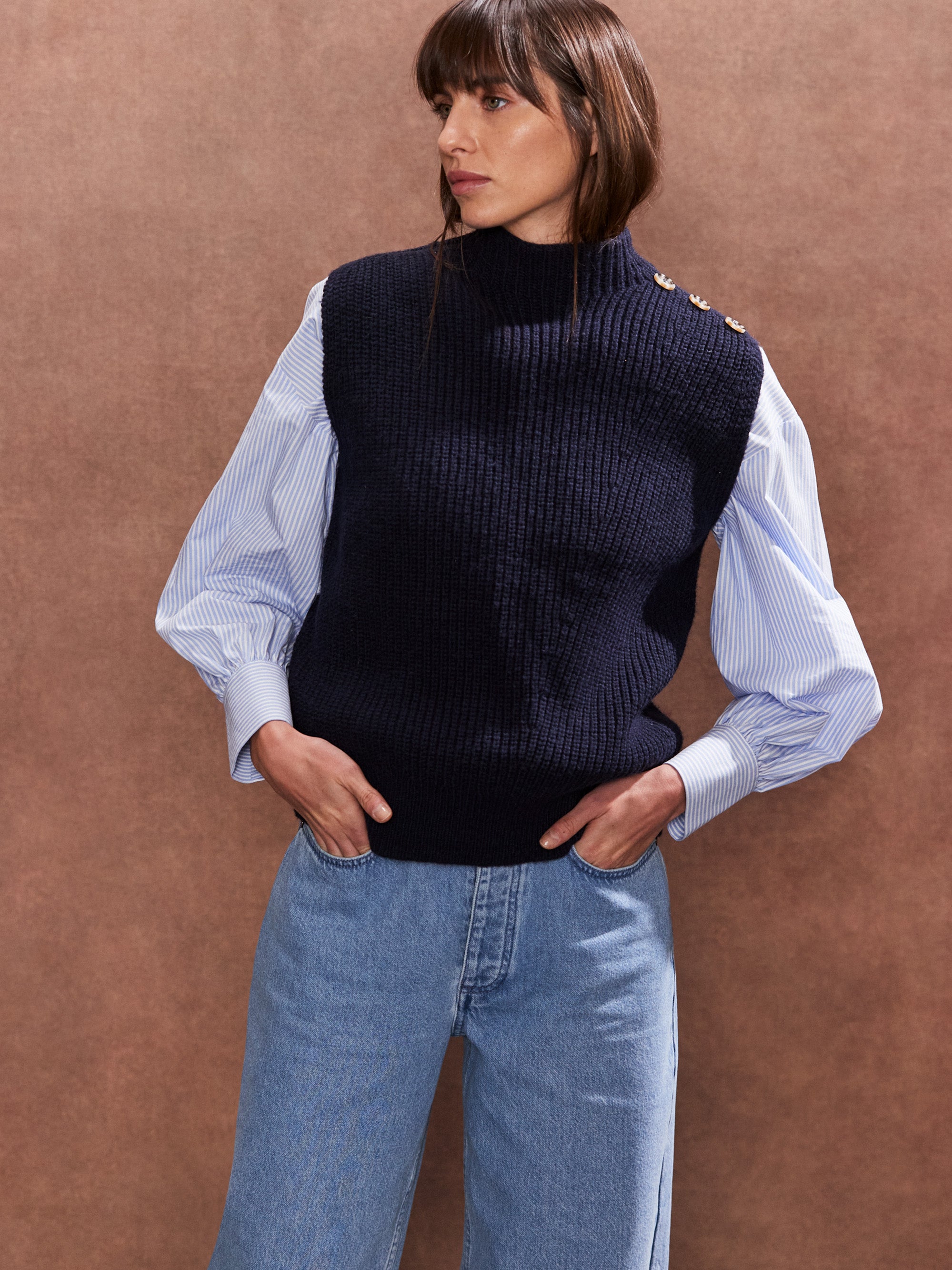 Navy Blue Cotton Rich Knit Vest with Button Detail - Casual Layering Piece for Men & Women | Perfect for Office, Outdoors & Fall Fashion
