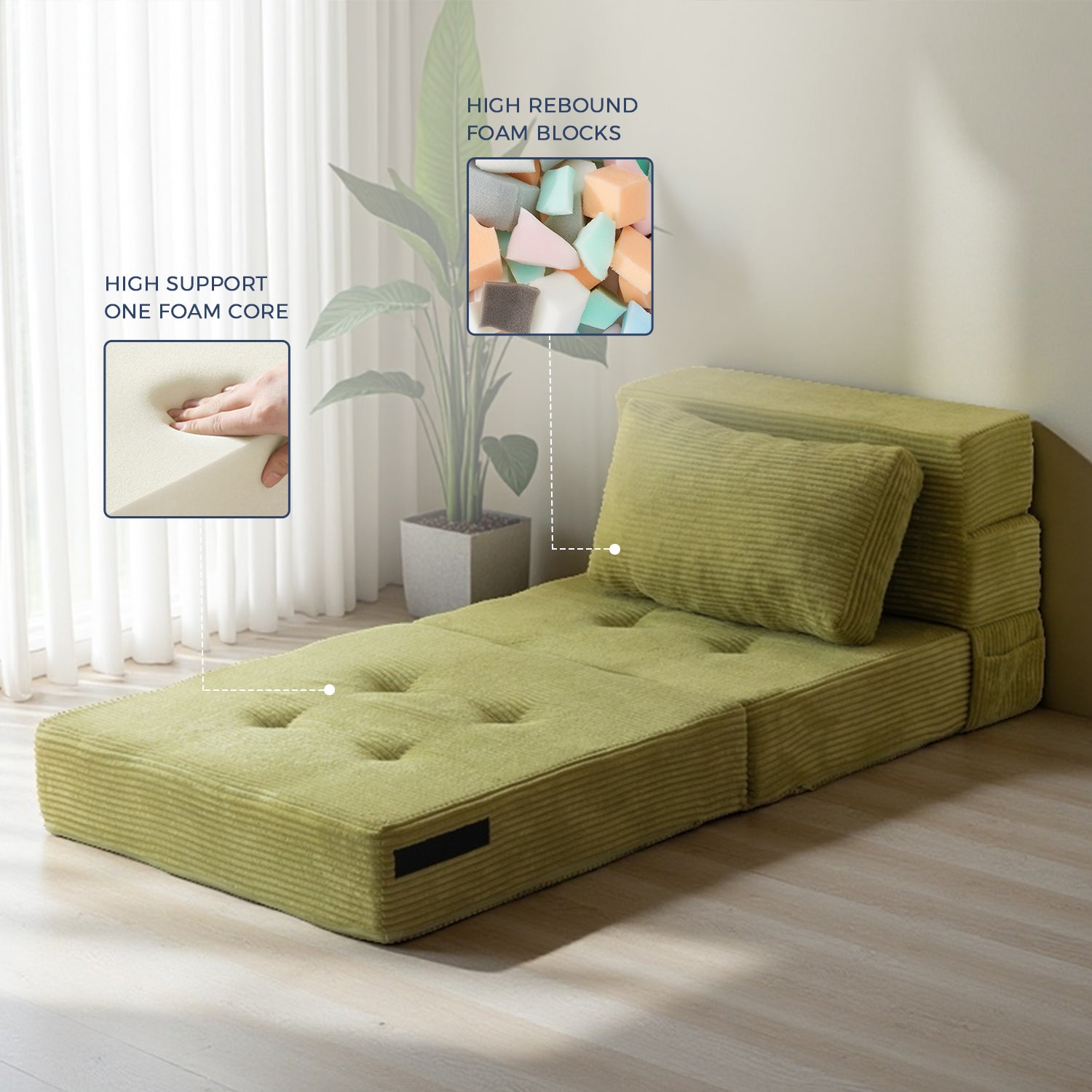 MAXYOYO 4-in-1 Folding Sofa Bed with Pillow - Tufted Sleeper Chair for Living Room, Guest Room & Small Spaces, Convertible Futon for Lounge, Nap & Overnight Guests, Green