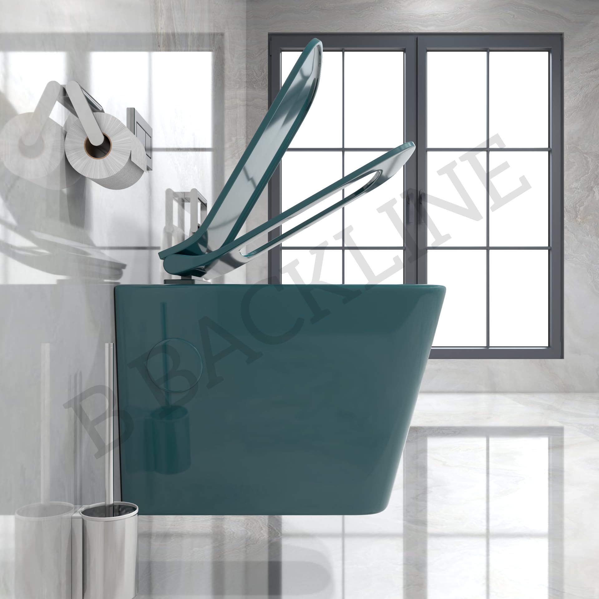 Ceramic Wall-Mounted Rimless Western Toilet with Soft Close Seat - Modern Water Closet for Bathroom, P-Trap Outlet, Green Glossy Finish - Perfect for Small Bathrooms & Contemporary Home Decor