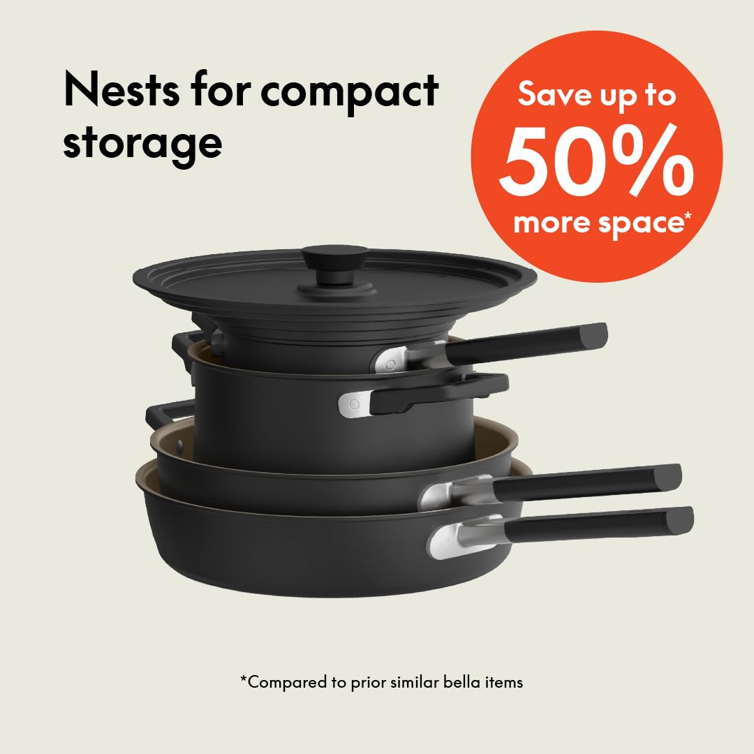 Bella 9-Piece StoreMore Cookware Set with EverGood™ Ceramic Nonstick Coating - Dishwasher & Oven Safe, Compatible with All Stovetops, Stackable Space-Saving Design, Cool-Touch Handles, Black - Perfect for Small Kitchens, Apartments, and Everyday Cooking