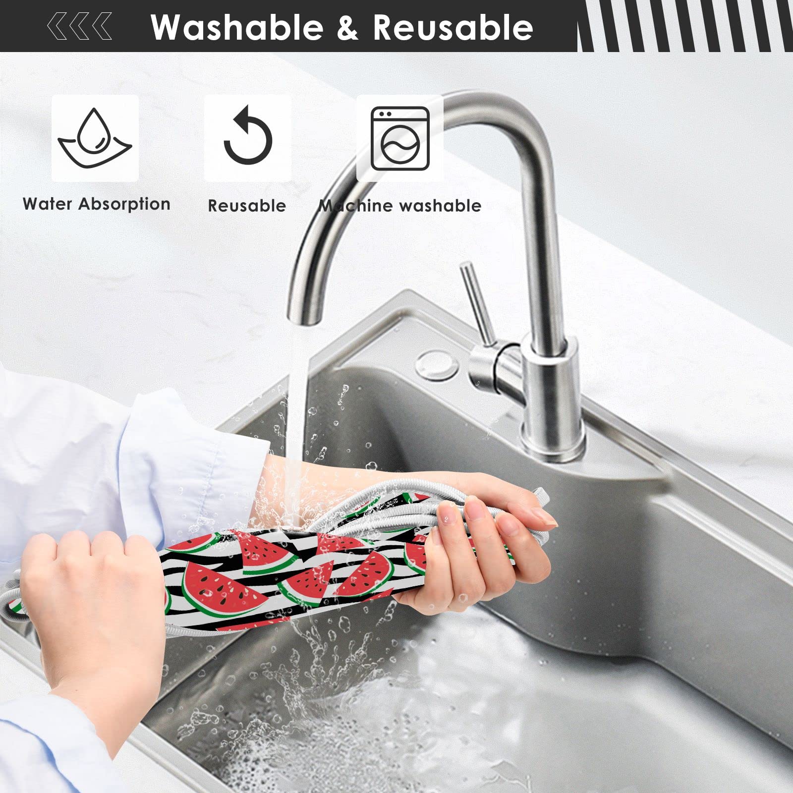 **Non-Slip Watermelon Black Seeds Strips Kitchen Sink Faucet Mat - 2 Pack Absorbent Drip Catcher & Splash Guard for Dish Drying, Counter Protection - Perfect for Bar, Bathroom, RV (14.9 x 5.5 Inches)**    *(Use Scenes: Ideal for kitchen sinks, bathroom counters, RV sinks, and bars to prevent water splashes and protect surfaces.)*