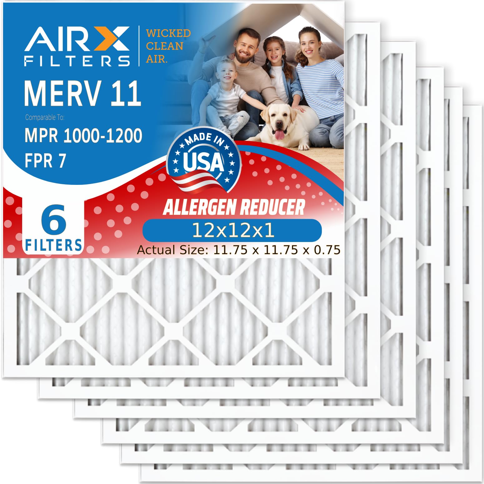 AIRX FILTERS WICKED CLEAN AIR - 12x12x1 MERV 11 Electrostatic Pleated HVAC Air Filters (6 Pack) for AC, Furnace & Home Air Purification - Improves Indoor Air Quality & Reduces Allergens