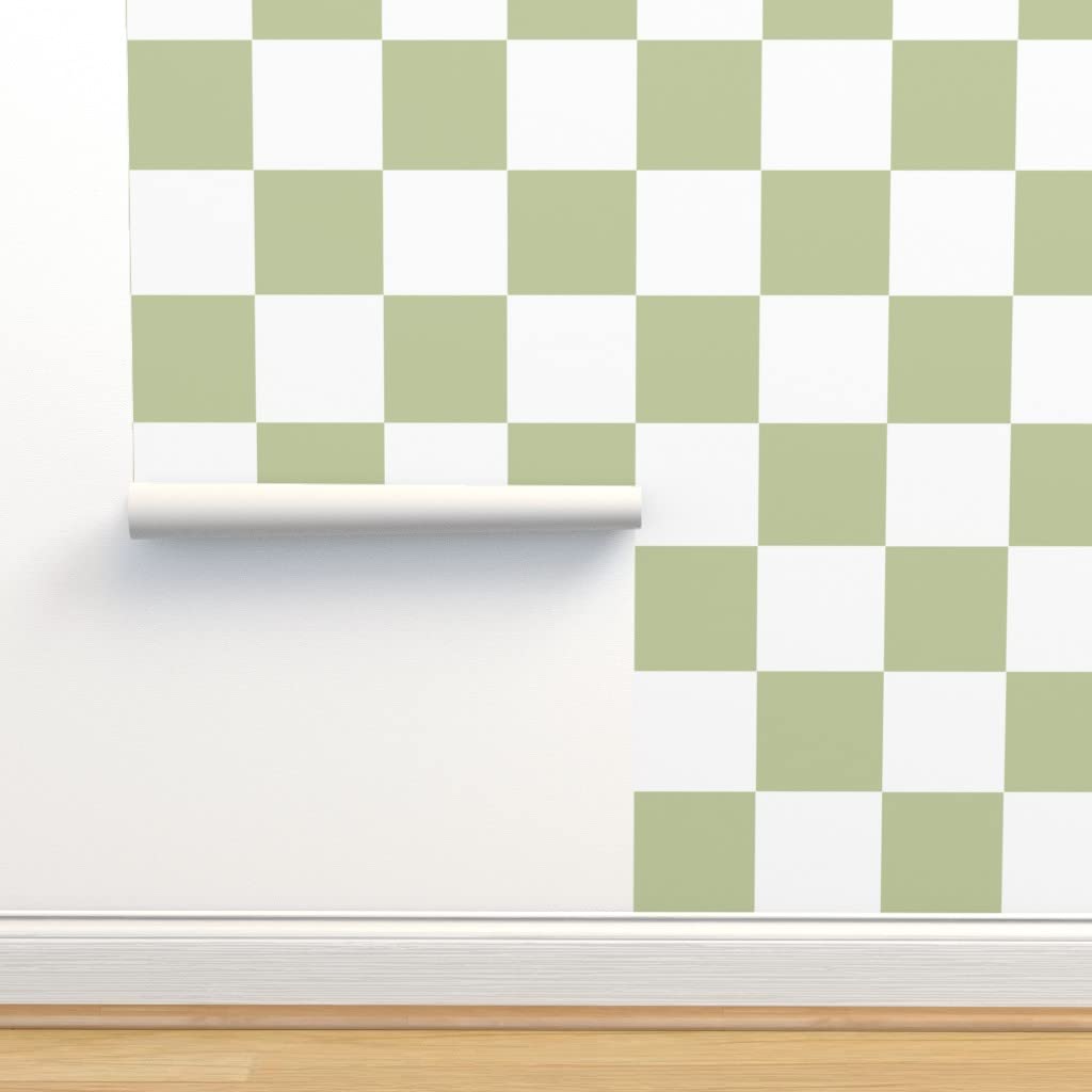 Peel & Stick Wallpaper 9ft x 2ft - Sage Green & White Checkerboard Pattern | Removable Self-Adhesive Wallpaper for Bedroom, Living Room & Office Decor | Easy DIY Home Improvement by Spoonflower