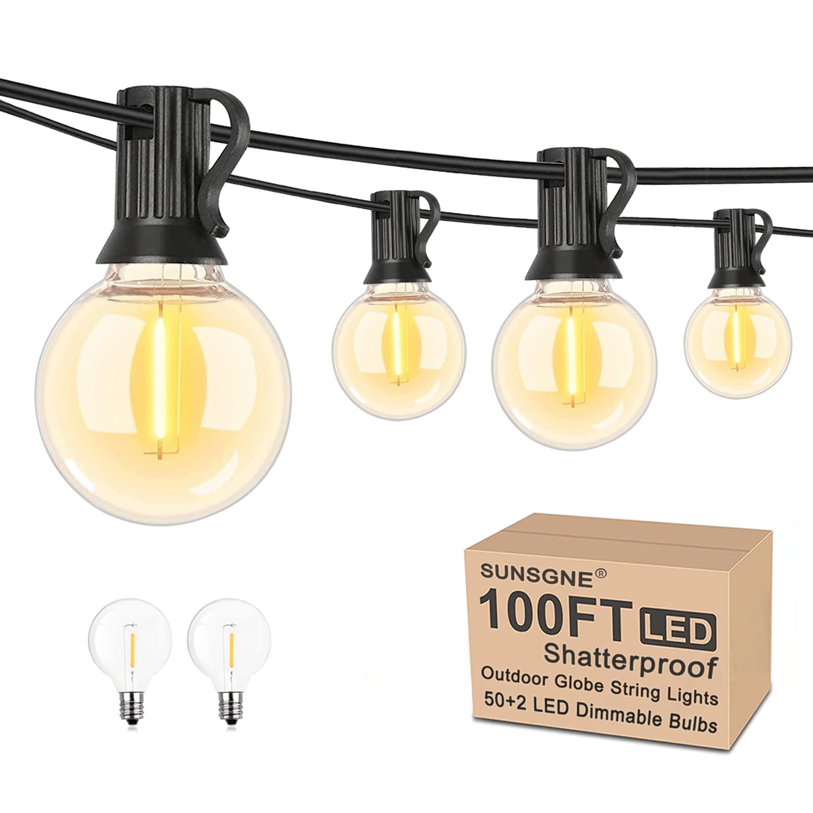 SUNSGNE 100Ft LED Outdoor String Lights - 52 Dimmable G40 Globe Bulbs, Waterproof & Shatterproof, Connectable Hanging Lights for Patio, Garden, Party, Wedding, Bistro, Pergola & Tents - Perfect for Backyard, Deck, Balcony & Outdoor Decor (Black)