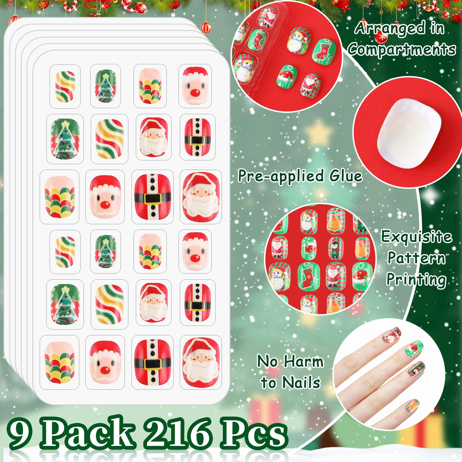 216Pcs Christmas Press on Nails for Kids - 9 Pack Short False Nail Tips with Holiday Designs | Girls Nail Art Decorations | Perfect for Christmas Parties, Gifts & Festive Nail Fashion