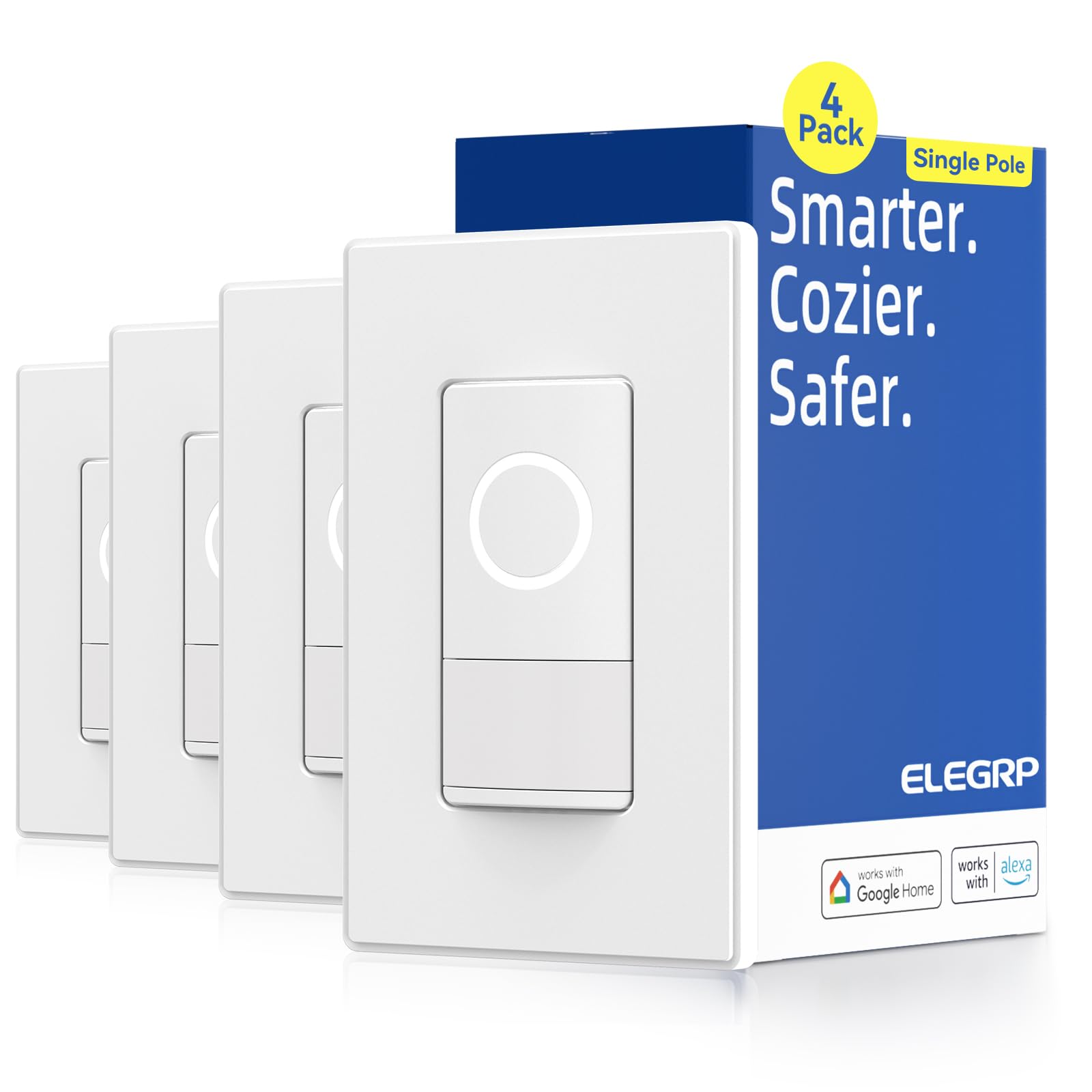 ELEGRP Smart Motion Sensor Light Switch 4 Pack - 2.4GHz Wi-Fi Single Pole, Works with Alexa & Google Assistant, APP Remote Control, UL Certified, No Hub Required (White) - Perfect for Home Automation, Smart Lighting Control in Bedrooms, Hallways & Staircases