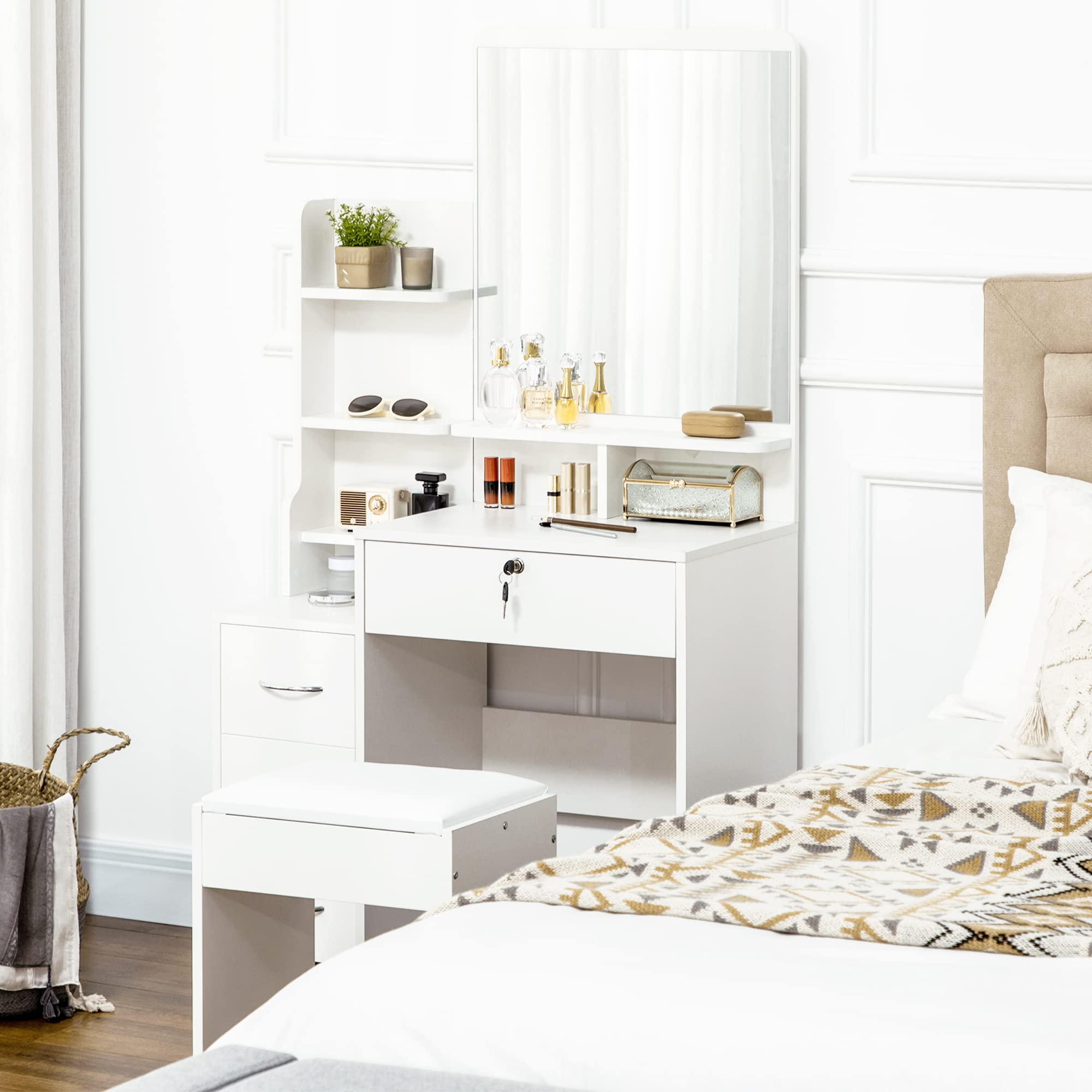 Modern Makeup Vanity with Stool & Mirror - 4 Drawers & Storage for Home Beauty