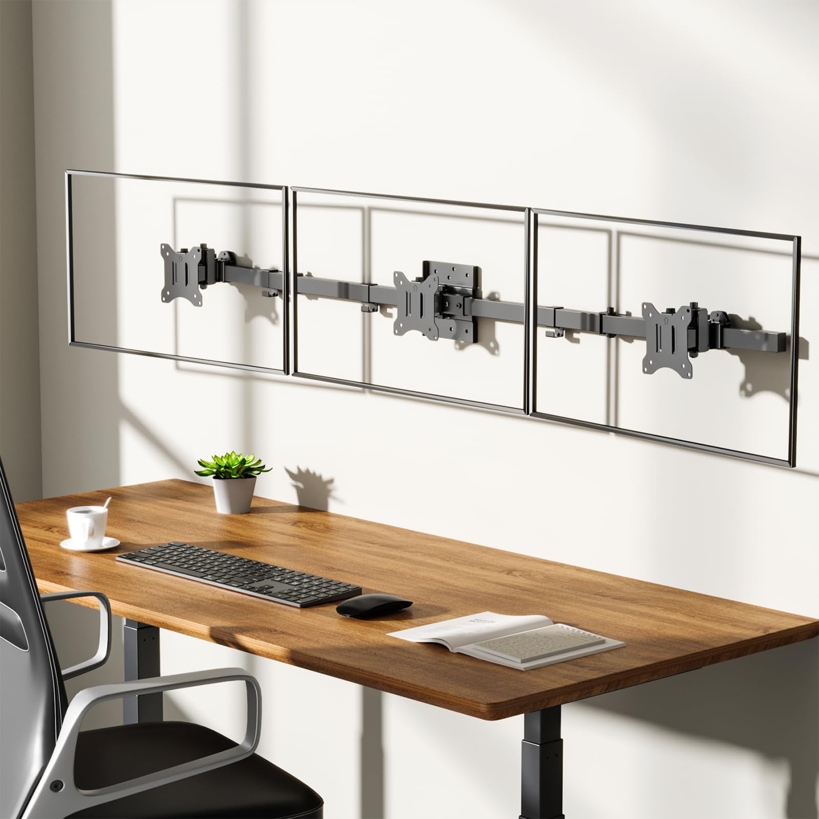 WALI Triple Monitor Wall Mount for 17-32 Inch Screens - Heavy Duty Adjustable 3 Monitor Arm with Swivel & Tilt - VESA 75x75/100x100mm - Each Arm Holds 15.4lbs (013ARM) Black - Perfect for Home Office, Gaming Setup & Multi-Screen Workstations