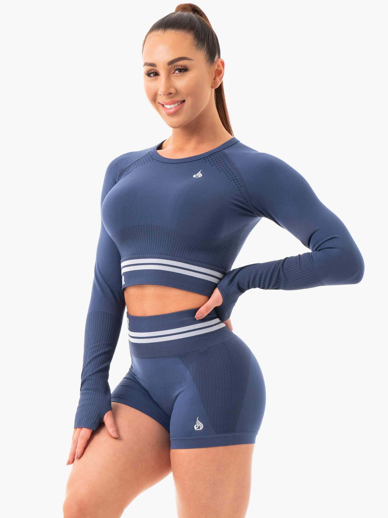 Freestyle Seamless Long Sleeve Crop Top for Women - Steel Blue Workout Shirt | Yoga, Gym & Running Activewear