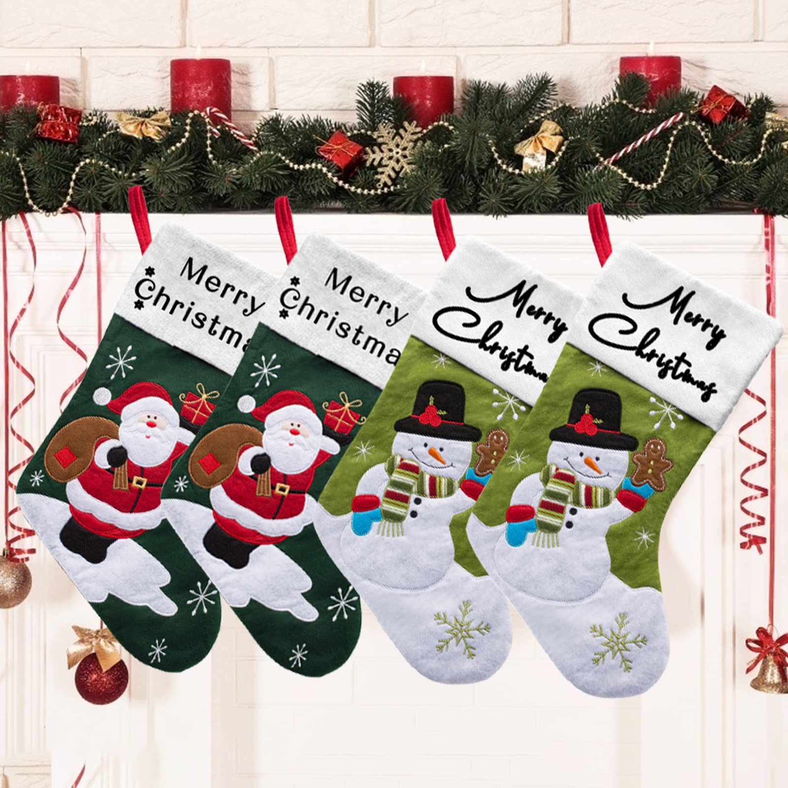 4 Pack Personalized Christmas Stockings - Custom Baby Santa Candy Stocking Bags with Snowman & Reindeer Designs - 20 Inch Large Handmade Xmas Stockings for Holiday Home Decor & Festive Gifts - Perfect for Fireplace Mantel, Christmas Tree Decorations & Family Gift Exchanges