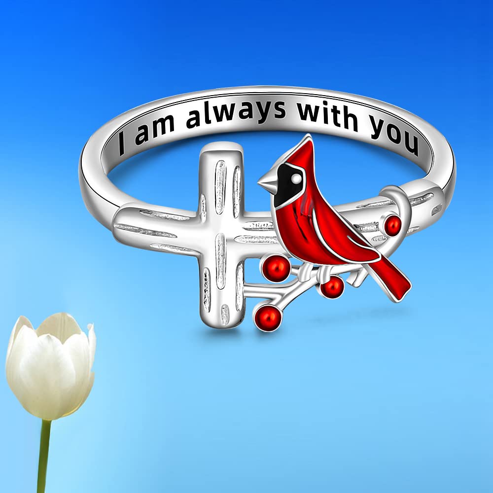 Red Cardinal Ring - Sterling Silver Angel Memorial Jewelry for Women | Spiritual Cross Ring in Sizes 6-10 | Perfect for Sympathy Gifts, Remembrance Jewelry & Spiritual Protection