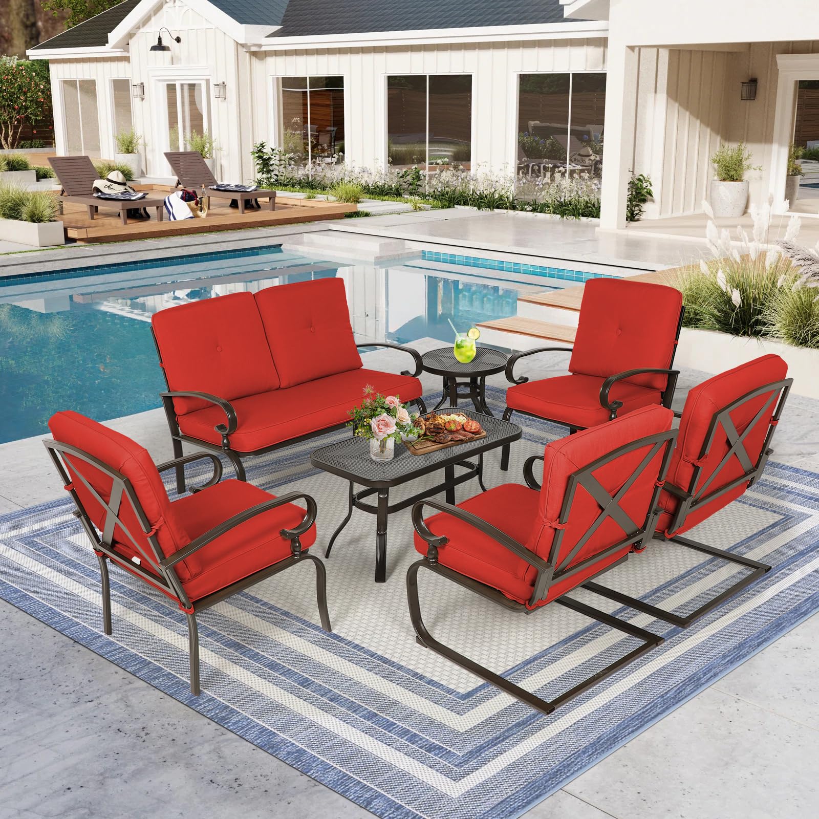 Oakcloud 7-Piece Metal Outdoor Patio Furniture Set - Wrought Iron Loveseat, Coffee Table, Bistro Table, 2 Spring Chairs & 2 Dining Chairs with Cushions (Red) - Perfect for Garden, Backyard, Poolside & Outdoor Conversations