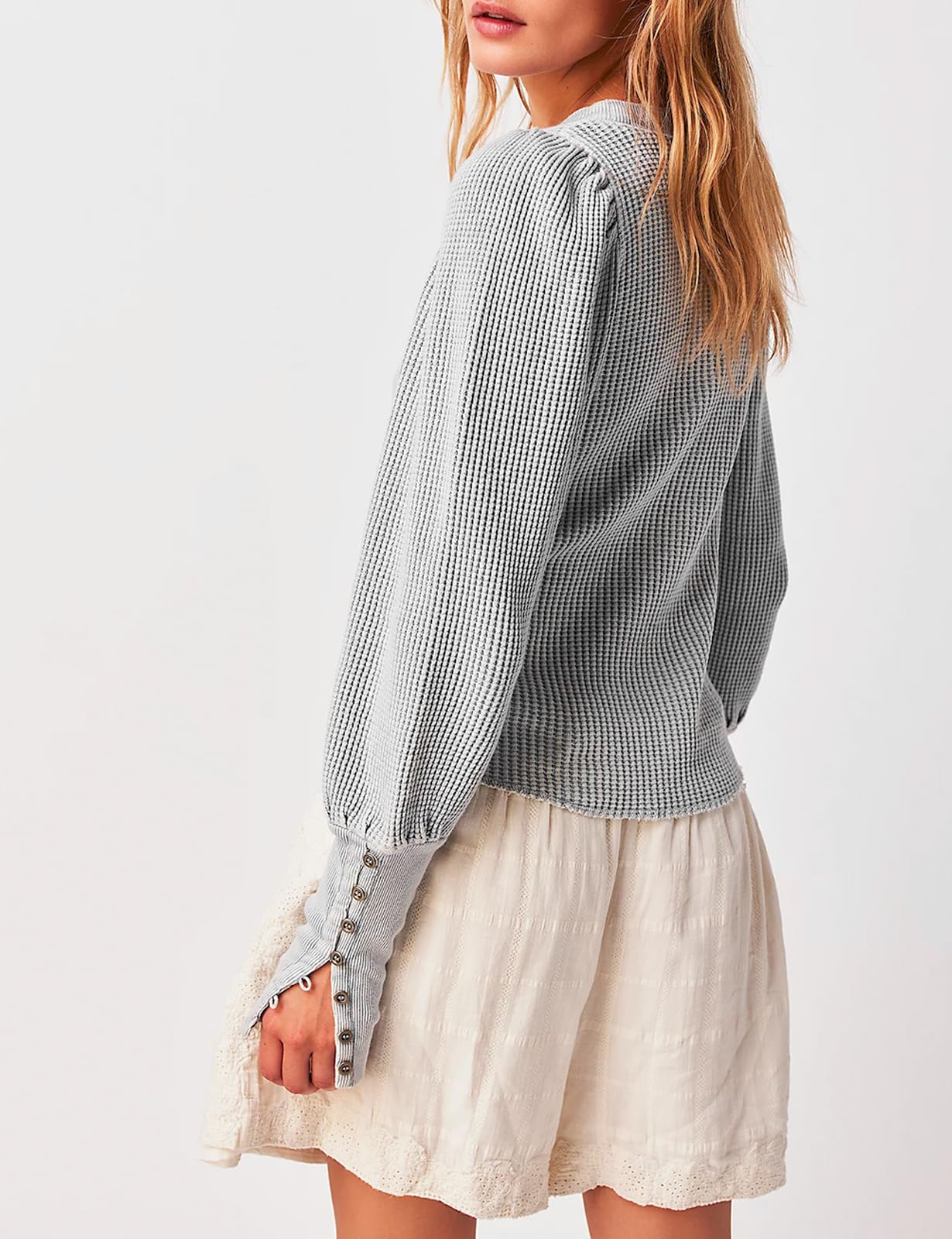 Women's Puff Sleeve Long Sleeve Shirt - Trendy Waffle Knit Crewneck Top - Casual Loose Blouse for Women - Perfect for Fall Outfits, Workwear & Weekend Brunch