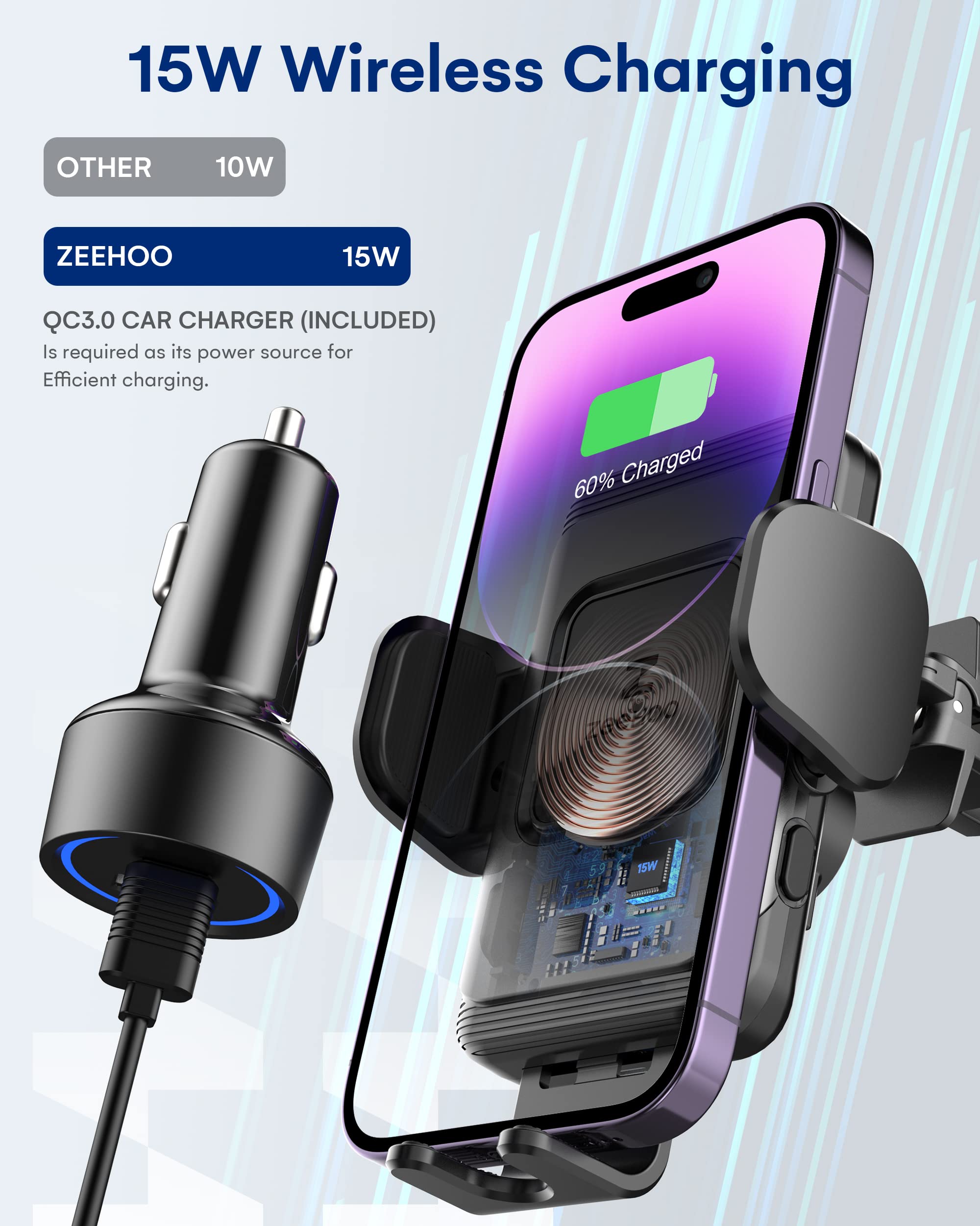 ZeeHoo 15W Fast Wireless Car Charger with Auto-Clamp Mount - Universal Phone Holder for iPhone 14/13/12/11/XR/XS/8 & Samsung S22/S21/S20 - Includes 45W QC3.0 Adapter - Perfect for Commuting, Road Trips & Hands-Free Driving