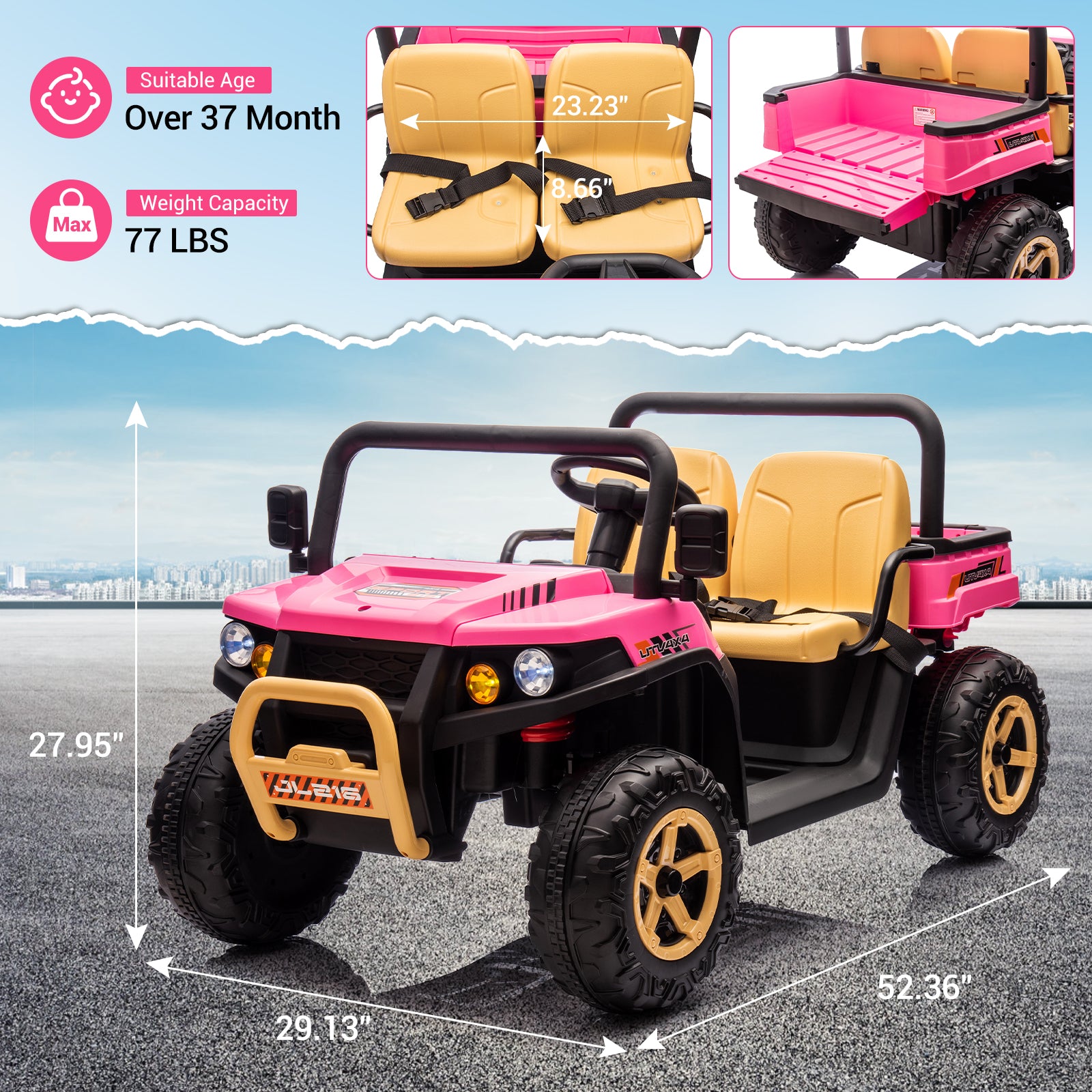 GARVEE 24V Electric Ride On Dump Truck for Kids - 2 Seater Battery Powered UTV Toy with 4x35W Motors, Shovel, Bluetooth, Remote Control, Music & LED Lights - Perfect for Boys & Girls Outdoor Play (Pink)