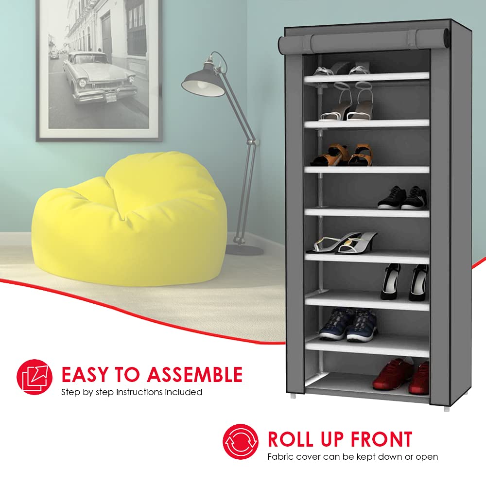 Sunbeam 7-Tier Portable Wardrobe Storage Closet - Heavy Duty Non-Woven Shoe Rack & Clothing Organizer with Roll-Down Cover (Grey) - Fits 24 Pairs of Shoes - Perfect for Bedroom, Closet, Dorm Room & Small Space Organization