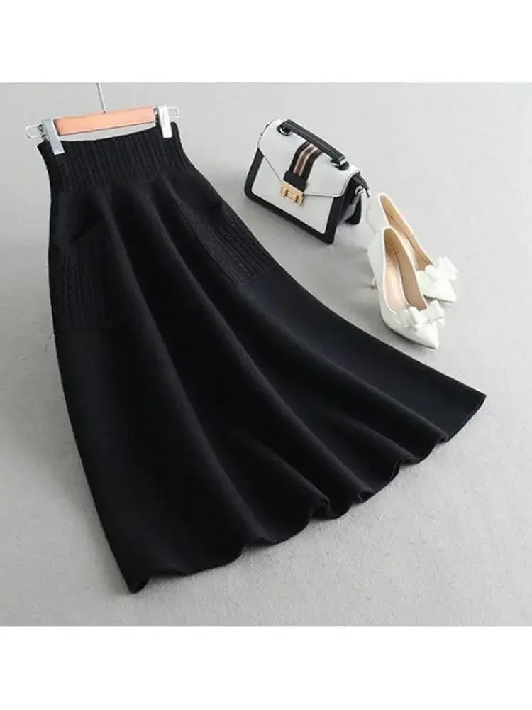Women's High Waist Wool Knit Skirt - Warm Winter Long Skirt with Pockets, Loose Fit Mid-Calf Length Solid Color (B790) | Perfect for Office Wear, Casual Outfits & Holiday Season