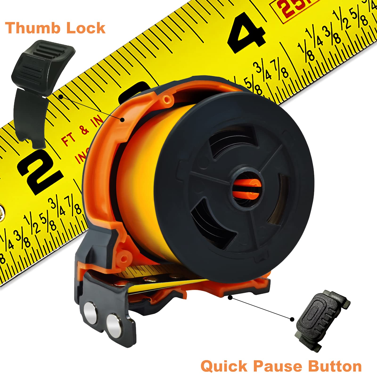 25 Ft Tape Measure with Easy-Read Fractions, Magnetic Hook & Finger Lock - Durable Shock-Absorbent Rubber Case for Construction, DIY Projects & Home Improvement