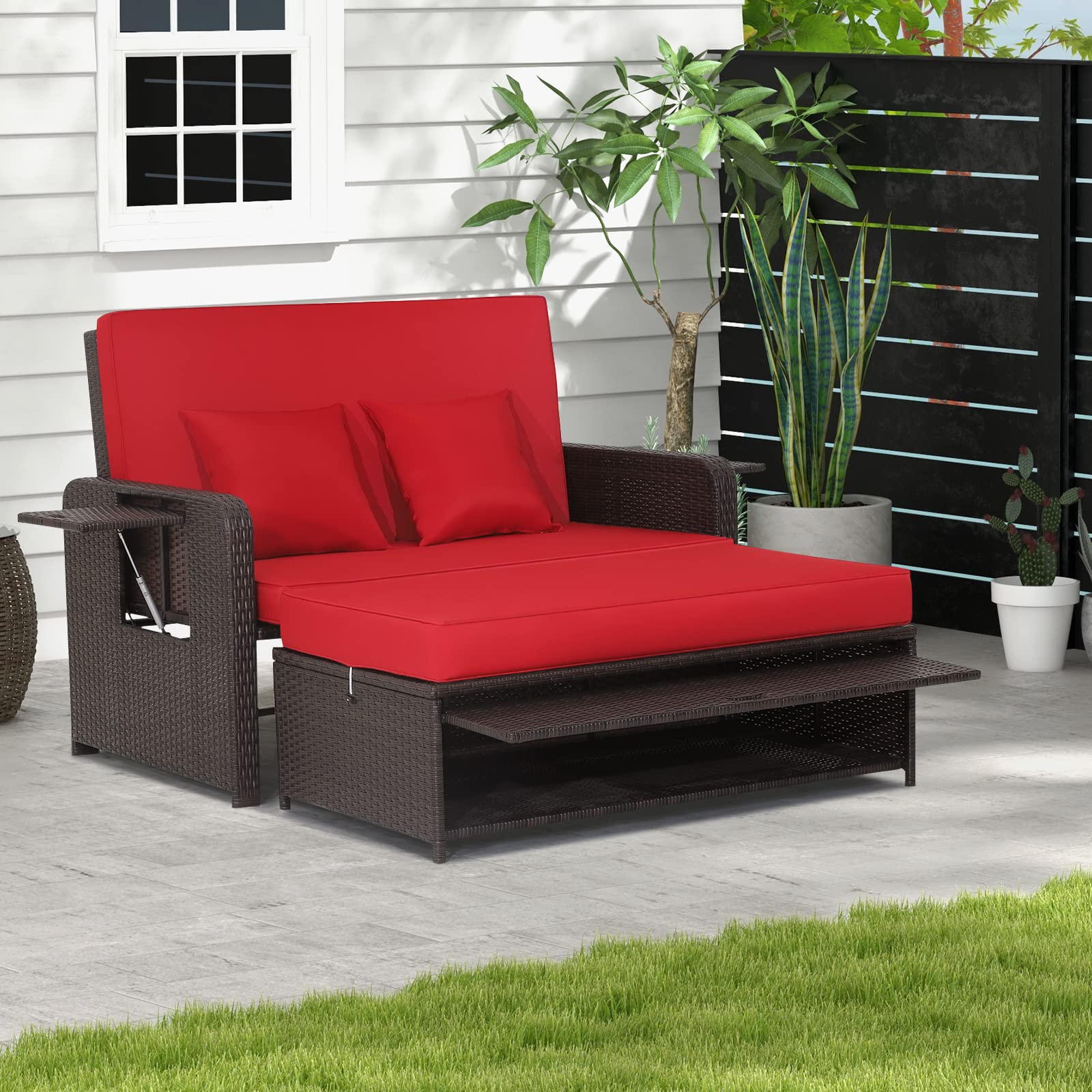 Tangkula Patio Rattan Daybed with Adjustable Backrest - Outdoor Wicker Loveseat Sofa Set with Ottoman, Side Tray & Storage - Perfect for Poolside, Garden or Patio Relaxation