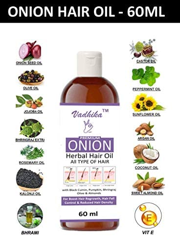 Vadhika Organic Onion Herbal Hair Oil - Promotes Hair Growth, Reduces Hair Fall, Soothes Scalp & Fights Dandruff (60ml) | Natural Treatment for Thicker, Healthier Hair | Perfect for Daily Hair Care & Scalp Massage