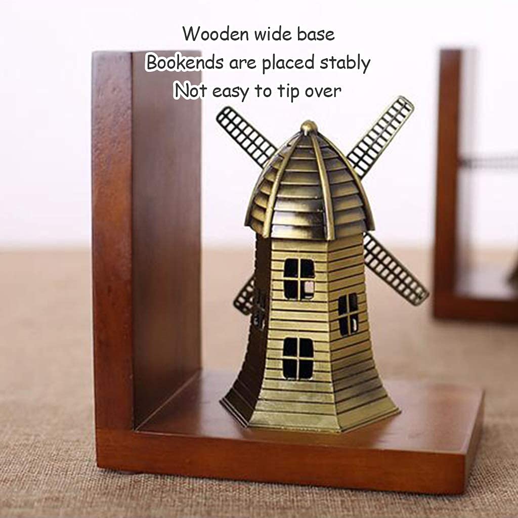 Stylish Wooden Bookends for Study & Office - Adjustable Non-Slip Book Holders, Windmill Design Desktop Decor (Brown, 14x10x17cm, Set of 2) - Perfect for Bookshelves, Home Decor & Workspace Organization