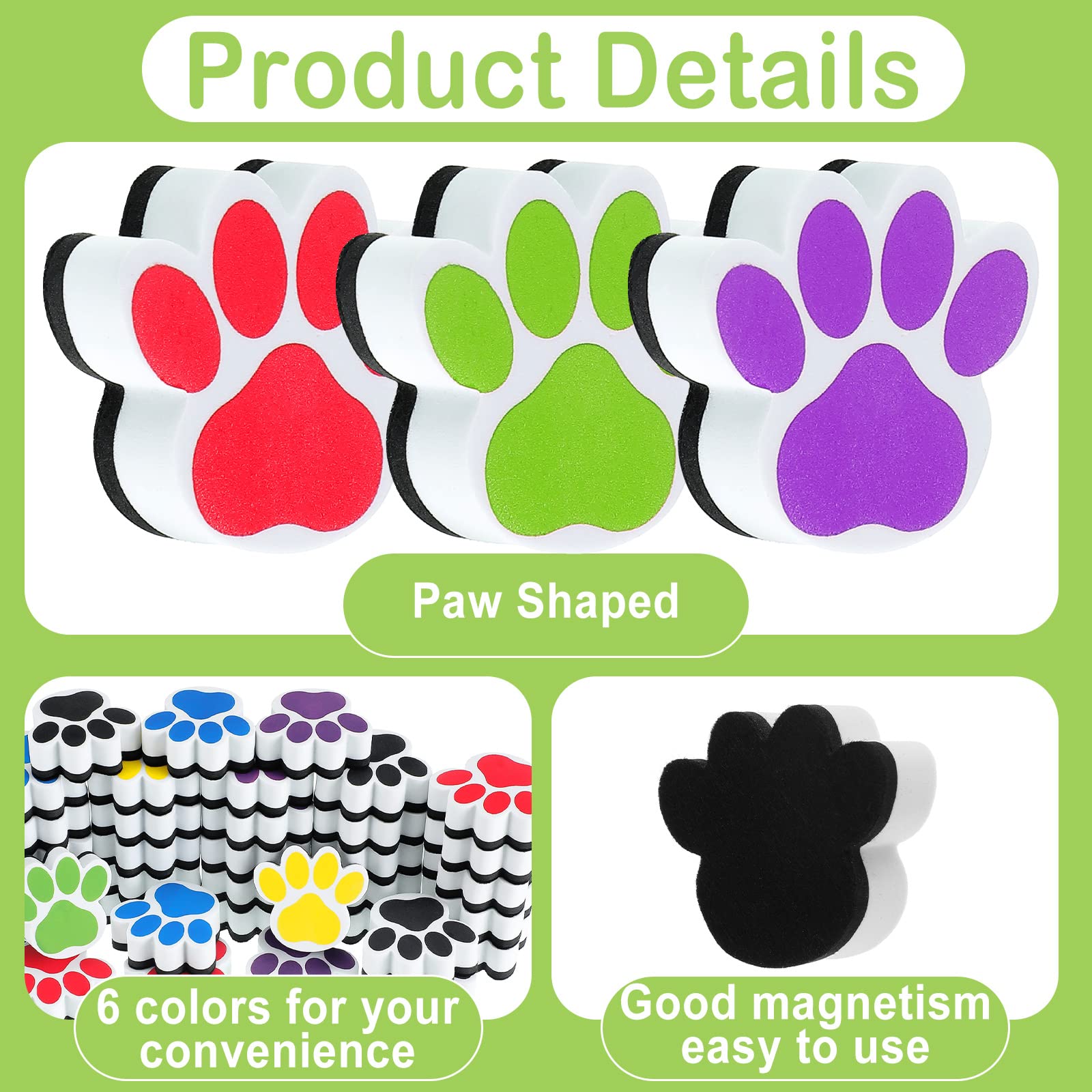 Magnetic Dry Erase Eraser - 60 Pack Cute Paw Shaped Whiteboard Erasers for Kids Classroom, Office & Home Use - Fun School Supplies for Teachers & Students - Perfect for Whiteboards, Glass Boards & Fridge Notes
