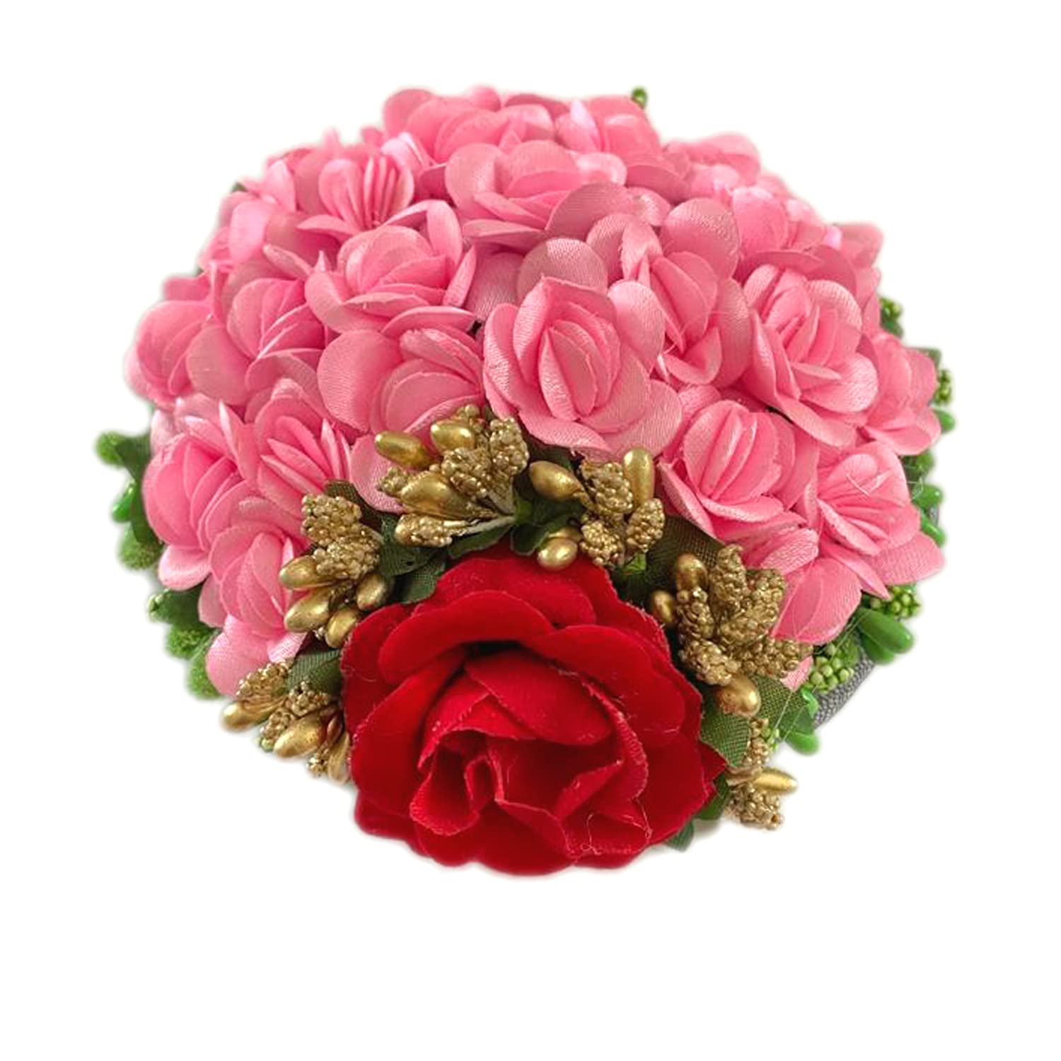 Maahal Artificial Flower Bridal Juda Bun Hair Accessories Gajra - Pink Floral Hair Jewelry for Weddings, Parties & Special Occasions