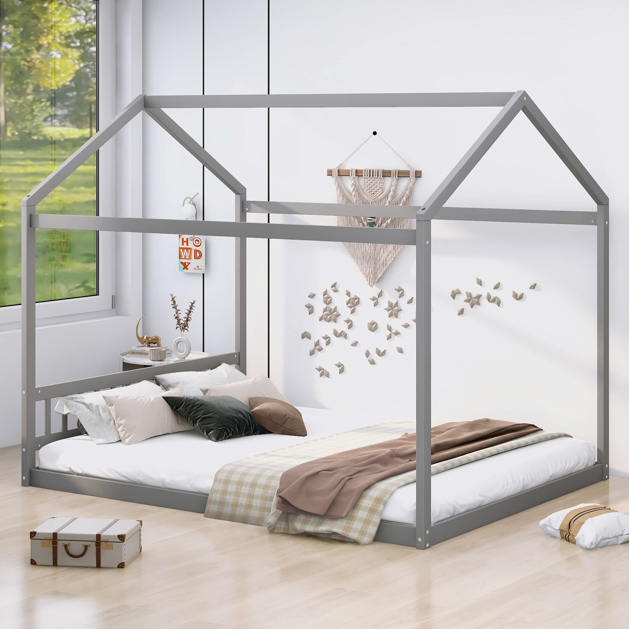 Montessori Wooden House Floor Bed Frame for Kids, Teens & Adults - Queen Size with Roof, No Box Spring Needed, Gray - Perfect for Kids' Bedrooms, Playrooms & Montessori Learning Spaces