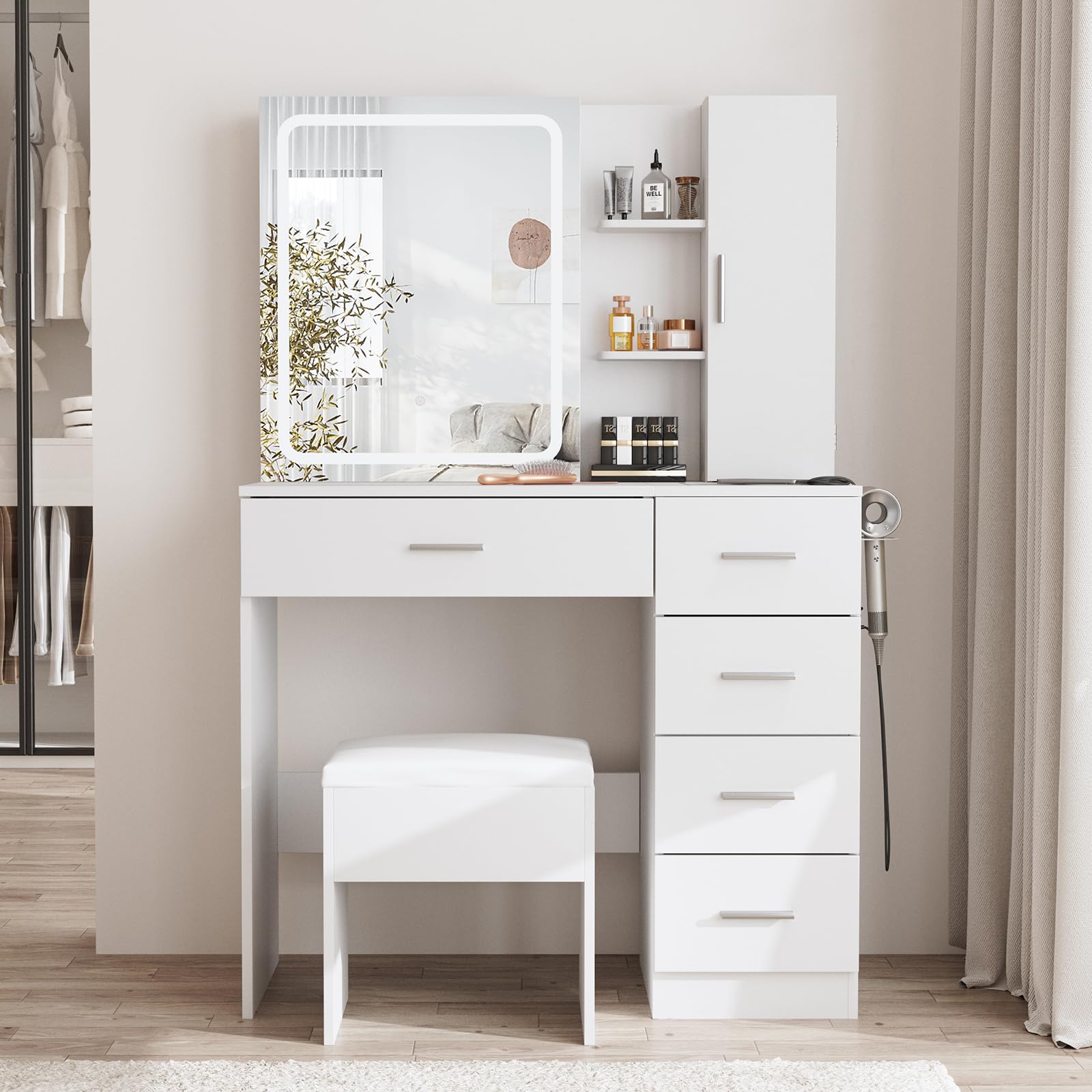 Fameill White Vanity Desk with Mirror and LED Lights - Makeup Dressing Table Set with Power Strip, Sliding Locker & 5 Drawers - 3 Lighting Modes for Bedroom, Dorm or Beauty Salon - Perfect for Makeup Application, Skincare Routine & Jewelry Organization