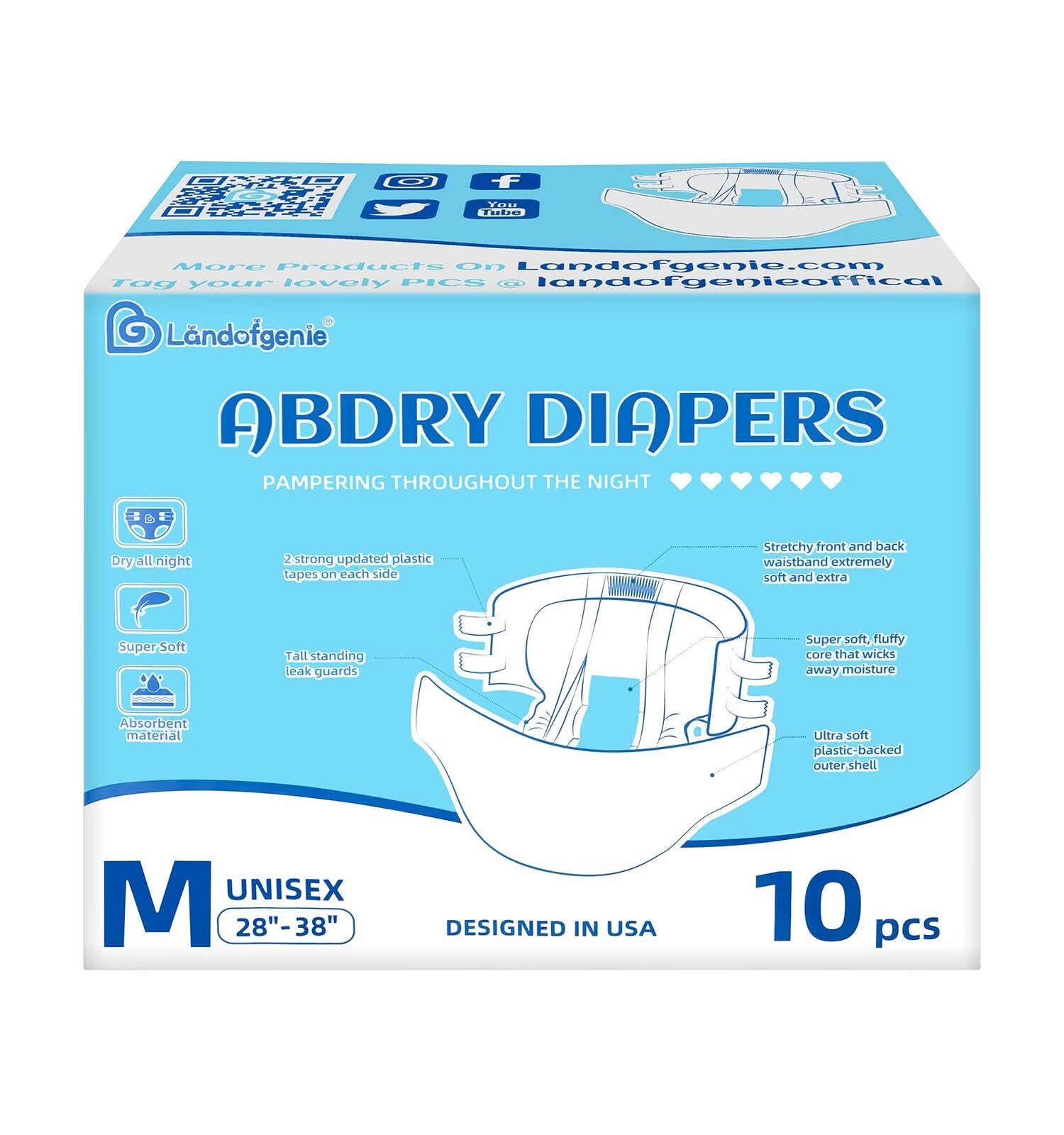 **Landofgenie Adult Diapers for Nighttime Use - Large Size White Disposable Briefs with Tabs (10 Pack) - Ideal for Incontinence, Elderly Care & Post-Surgery Recovery**
