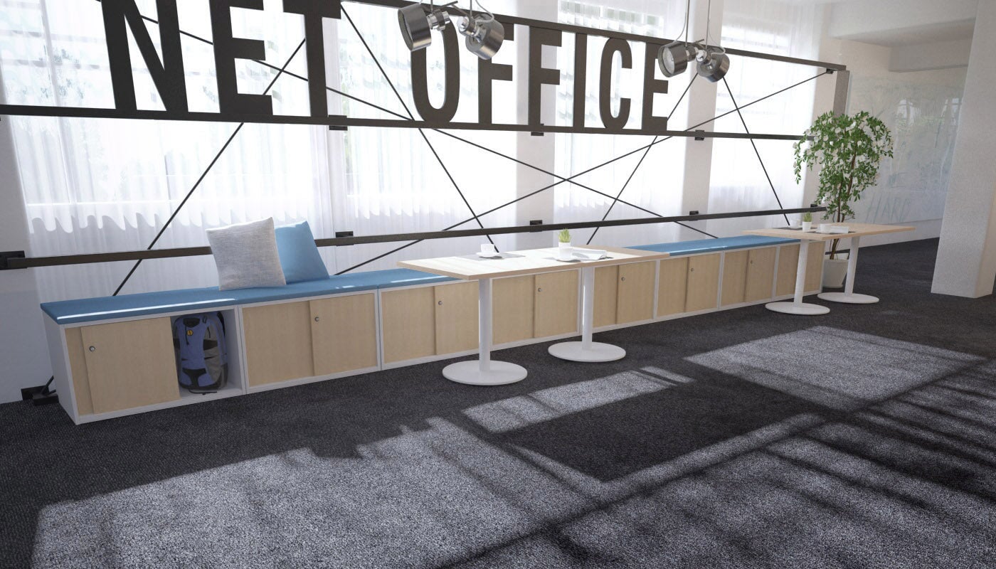 Low Profile Sliding 4-Door Credenza with Soft Top Cushion - Perfect for Home Office, Living Room, and Bedroom Storage
