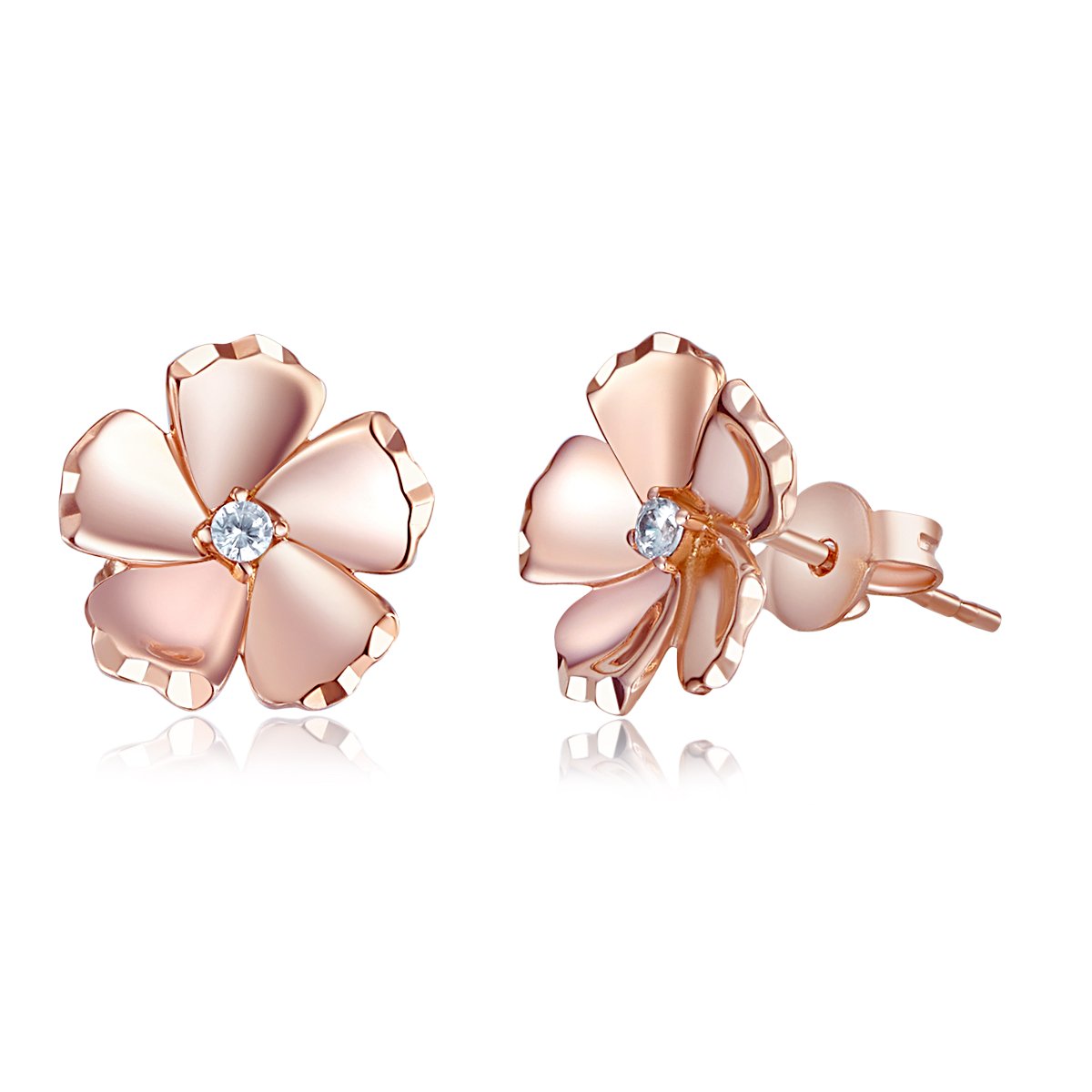 14K Real Rose Gold CZ Flower Earrings for Women - Elegant Cubic Zirconia Floral Stud Earrings - Perfect for Weddings, Parties & Everyday Wear