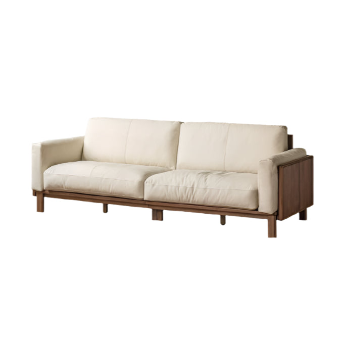 Premium Black Walnut & Ash Solid Wood High Back Leather Sofa - Luxurious Living Room Furniture for Modern Home & Office Decor