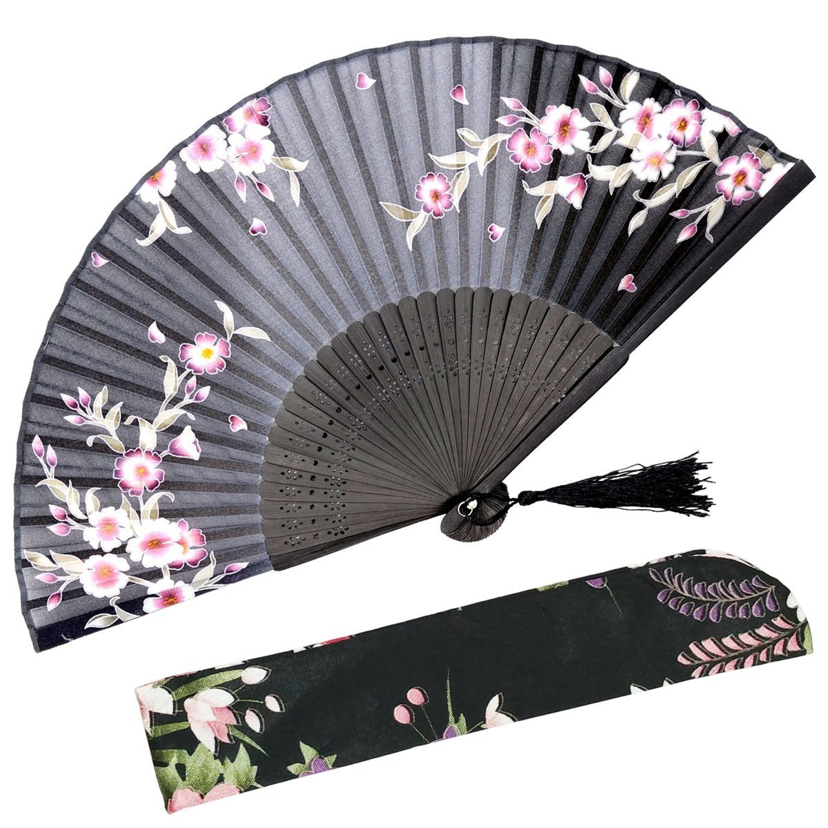 OMyTea Handmade Silk Folding Fan with Bamboo Frame - Vintage Chinese/Japanese Style Handheld Fan for Women - Gift Ready with Protective Fabric Sleeve - Perfect for Weddings, Cosplay & Summer Cooling (Black)