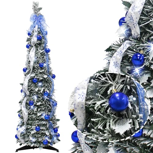 4ft Snowy Green Tree & Blue Bow