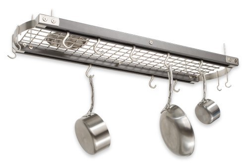 J.K. Adams 39-Inch Wooden Ceiling Pot Rack with 8 Pot Hooks & 4 Utensil Hooks - Metallic Gray Finish for Kitchen Organization & Space Saving