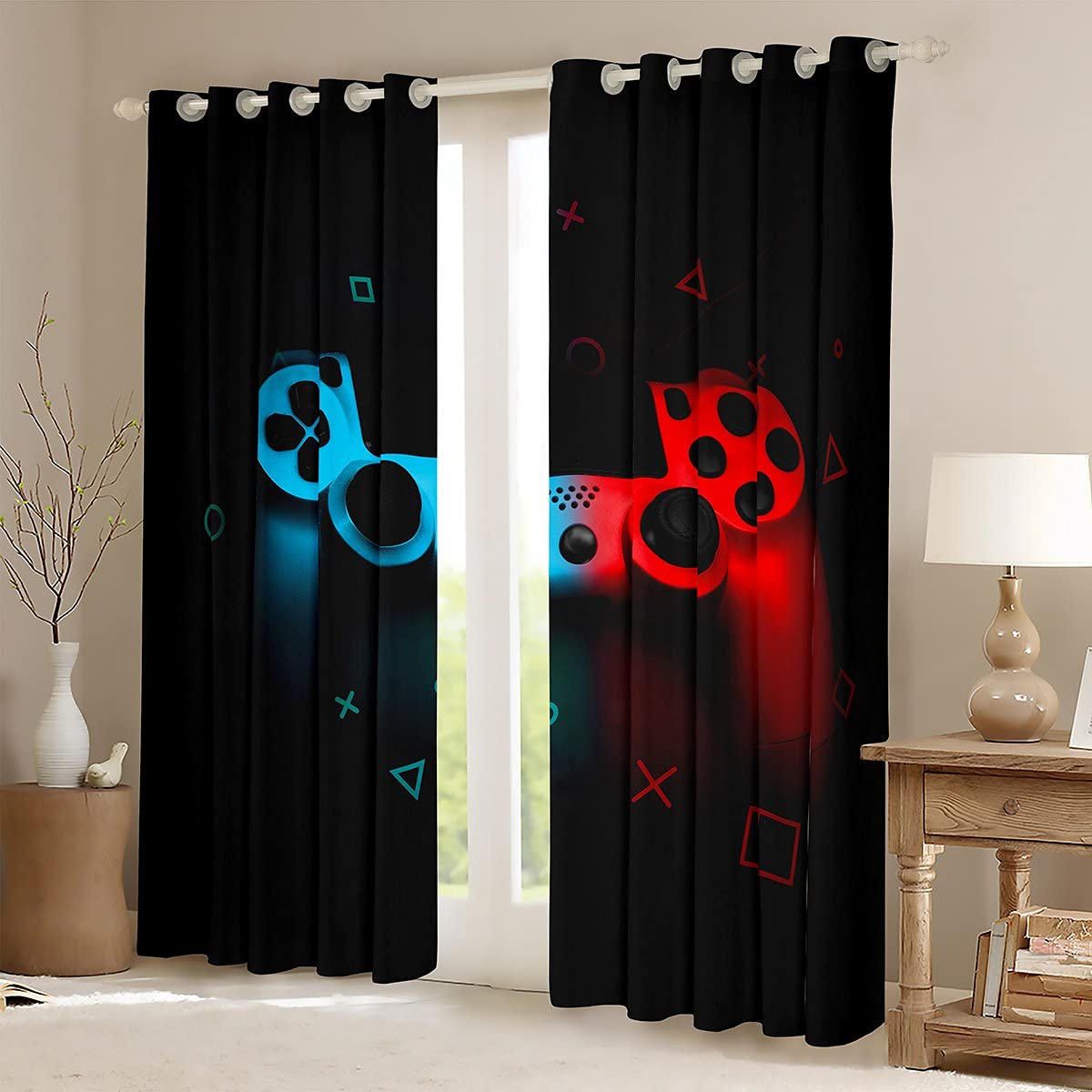 Gaming Window Curtains for Teens - Pixel Cube Abstract Design with Grommet Top (52x90 Inches) - Black Red Blue Video Game Themed Room Decor for Boys, Girls & Young Gamers - Perfect for Bedrooms, Game Rooms & Streaming Setups
