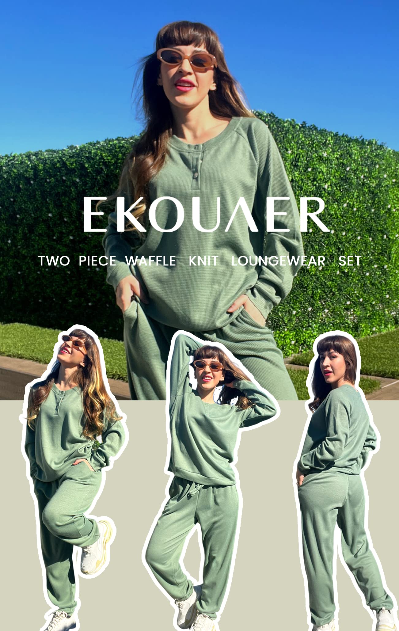 Ekouaer Women's Waffle Knit Pajama Set - Long Sleeve Top & Pants Soft Sleepwear Loungewear (Sizes S-XXL) | Cozy Winter Sleepwear for Women, Perfect for Home Relaxation & Lounging