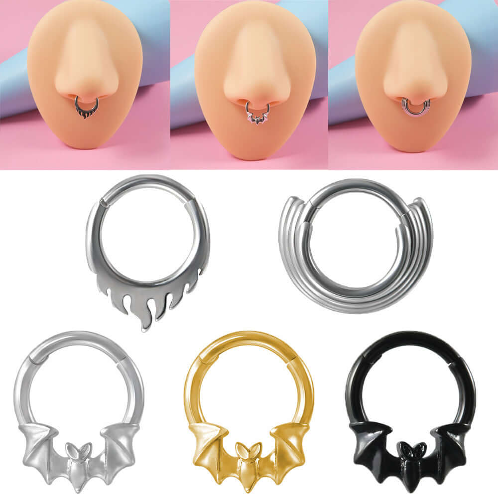 16G Four Layer Bat Flame Nose Cuff - Stainless Steel Gothic Body Jewelry for Cartilage & Helix Piercing | Perfect for Halloween, Goth Fashion & Alternative Style