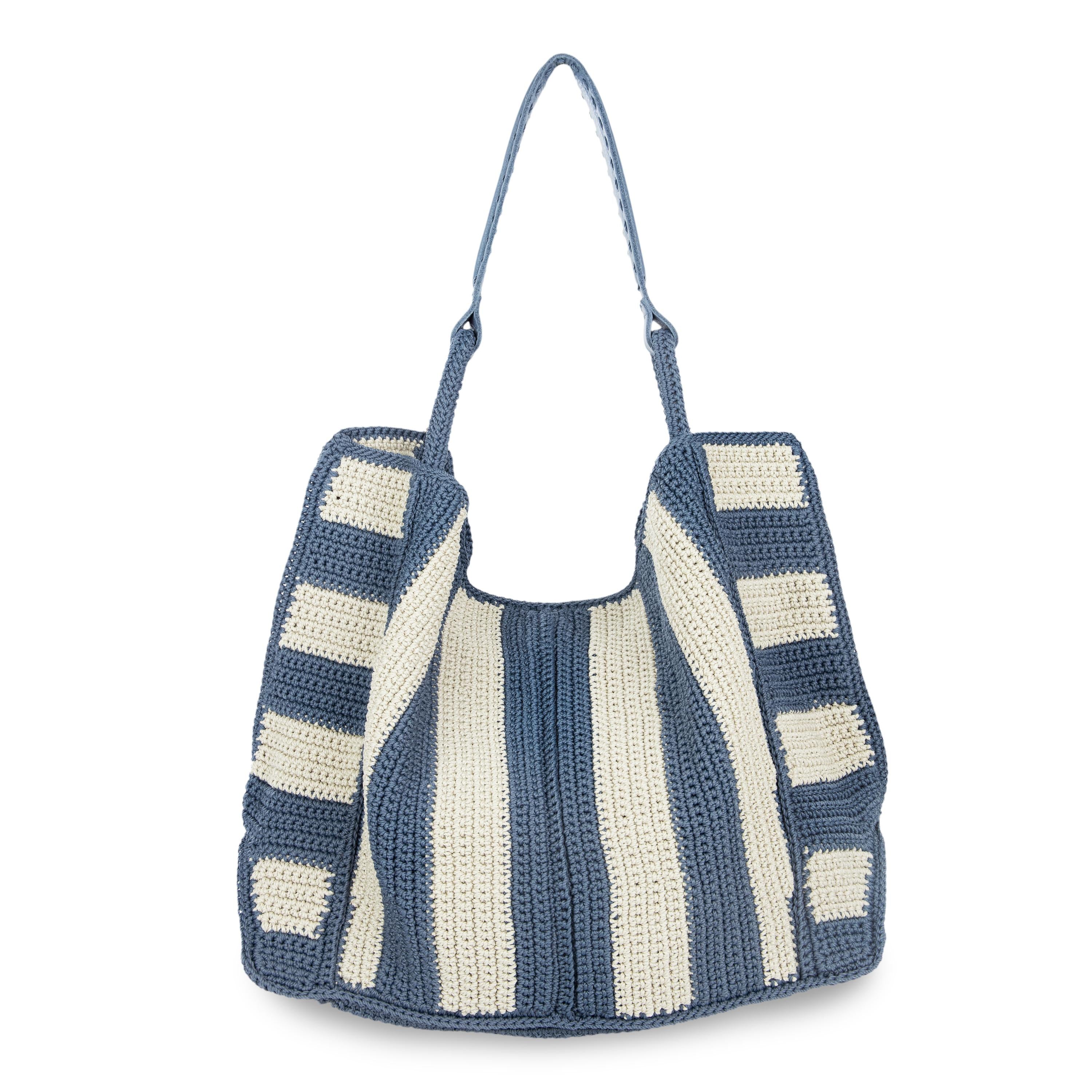 Los Feliz Large Hand Crochet Tote Bag - Nautical Maritime Stripe Design - Perfect for Beach, Shopping & Everyday Use
