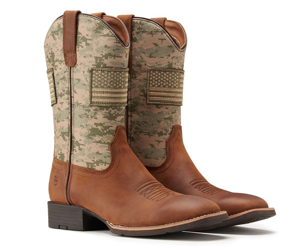 SUREWAY Men's Cowboy Boots - Square Toe Western Boots with American Flag Design | Oil & Slip Resistant | Durable & Stylish Pull-On Boots for Rodeo, Country Dance & Outdoor Work