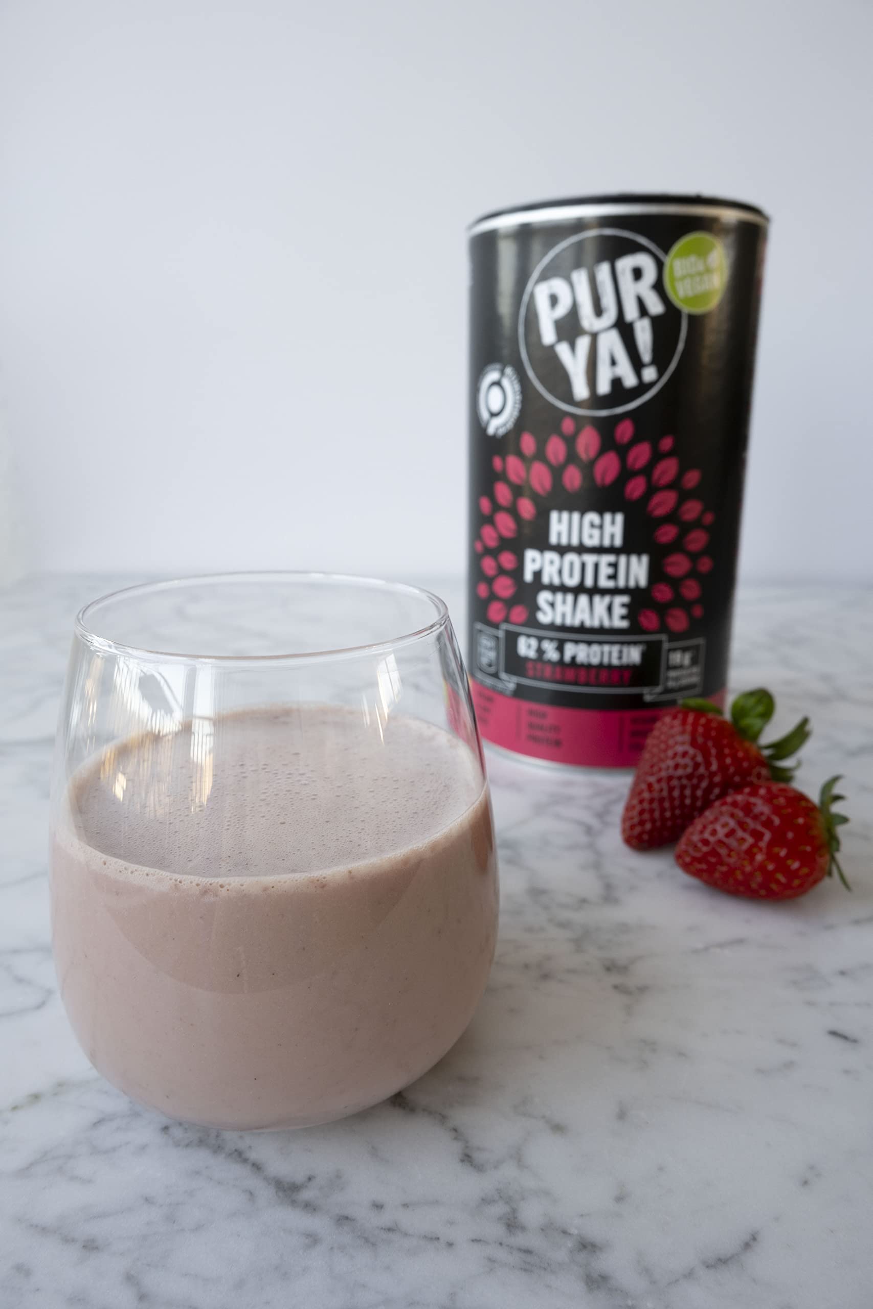 PURYA! Vegan High Protein Shake Strawberry - Organic Plant-Based Protein Drink Powder for Sports & Fitness, Lactose-Free, 500g - Perfect for Post-Workout Recovery & Healthy Meal Replacement