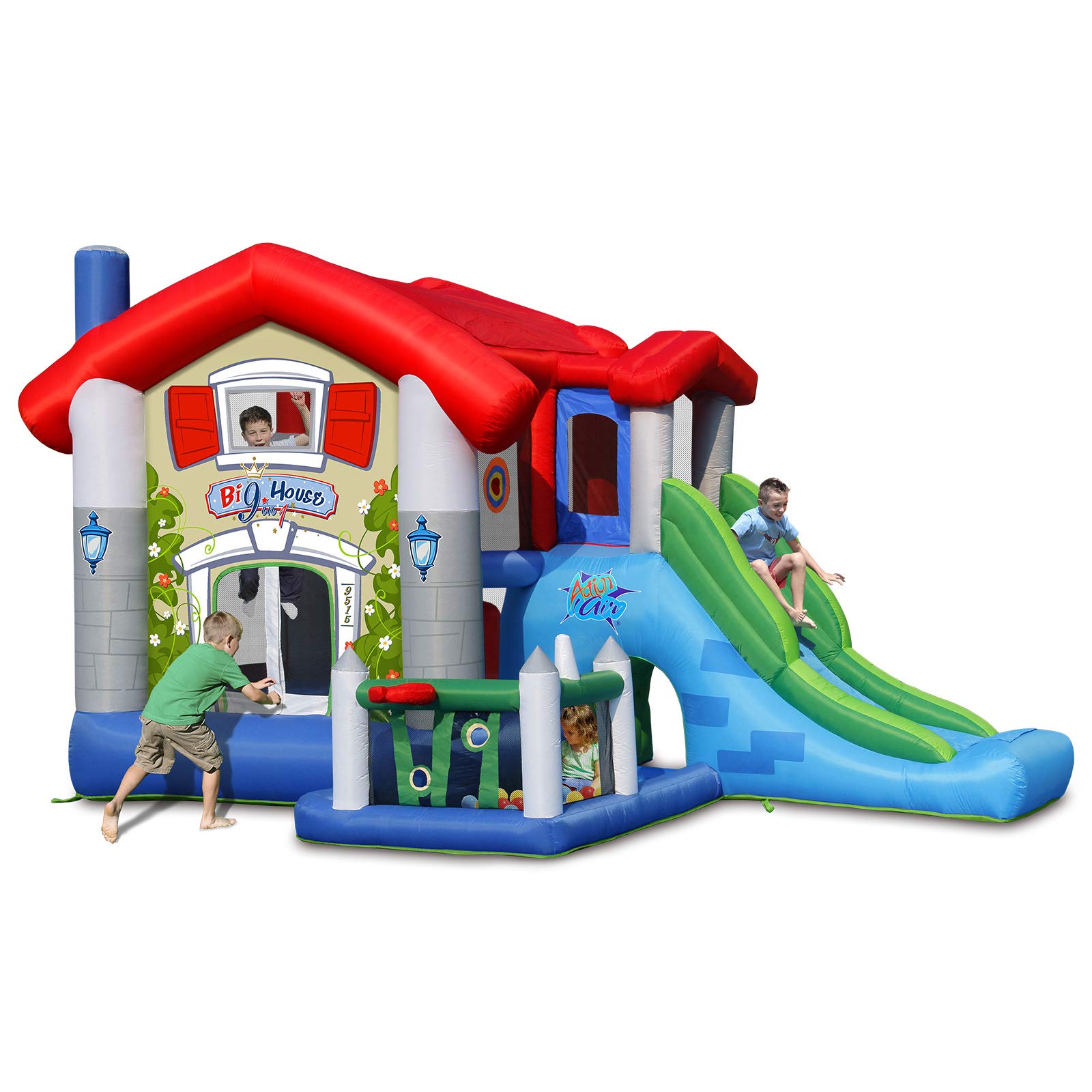 Action Air Bounce House with Blower - Inflatable Jumping Castle for Kids, Foldable Sunroof, Outdoor Party & Backyard Play (No Balls Included)