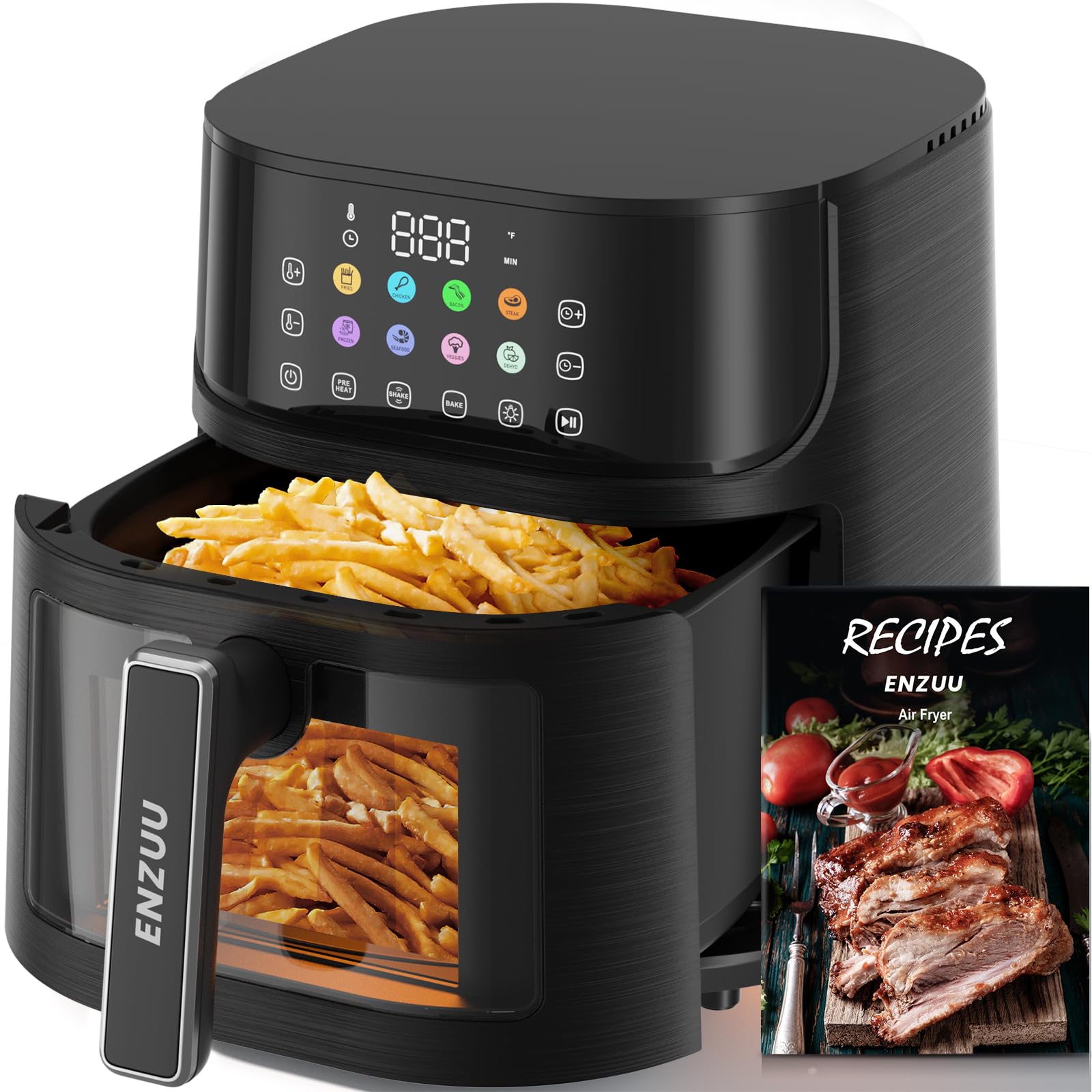 11-in-1 Large 5.8 QT Air Fryer with View Window - 450℉ Max Temperature for Crispy Food, 85% Less Oil - Fast Roast, Bake, Preheat & Shake Function - Non-Stick Basket for Easy Cleaning - Includes Recipe Book - Perfect for Family Dinners, Healthy Snacks & Quick Frozen Meals
