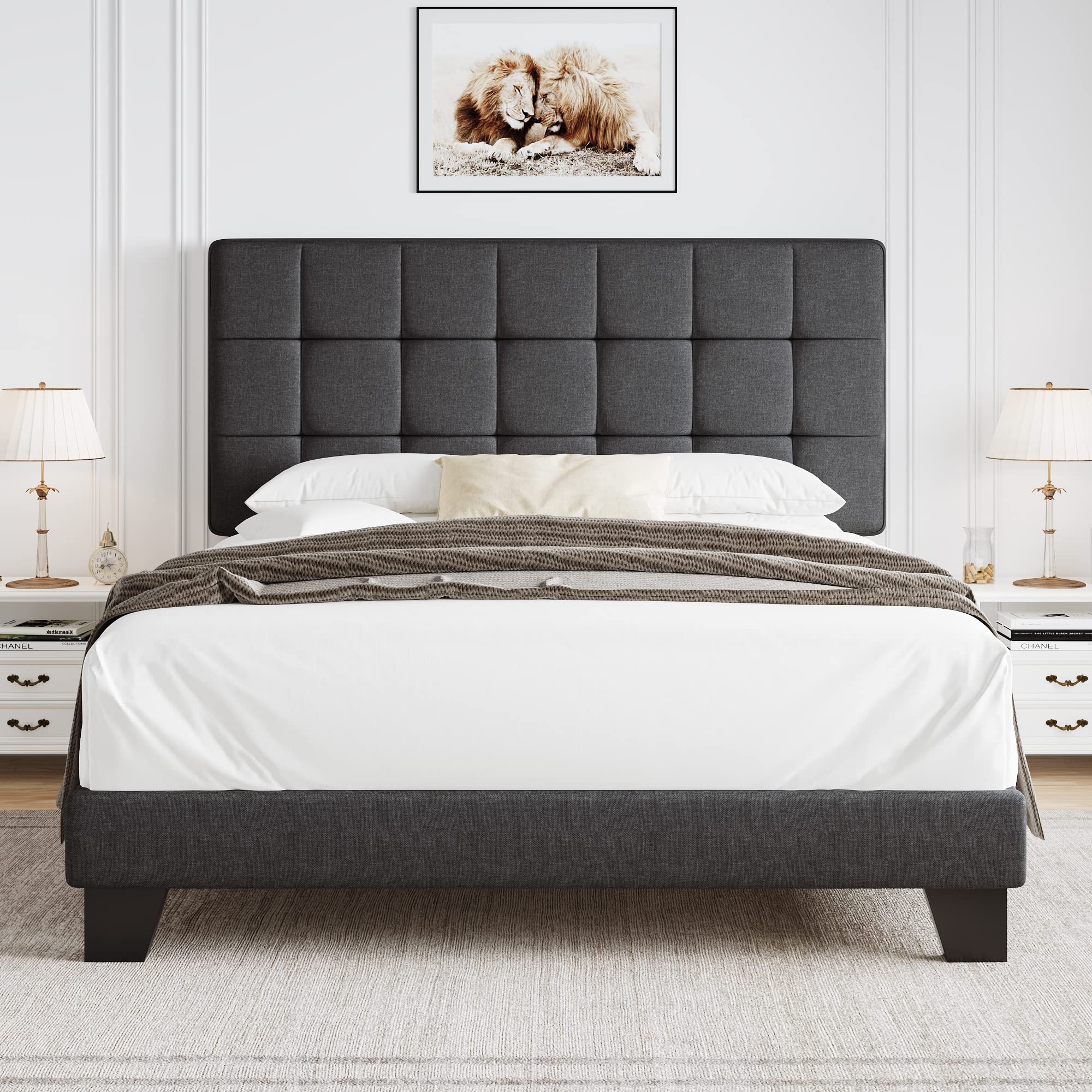 HOOMIC Full Size Upholstered Panel Bed Frame with Adjustable Headboard - No Box Spring Needed, Easy Assembly, Grey Fabric Upholstery - Perfect for Master Bedroom, Guest Room & Small Space Living