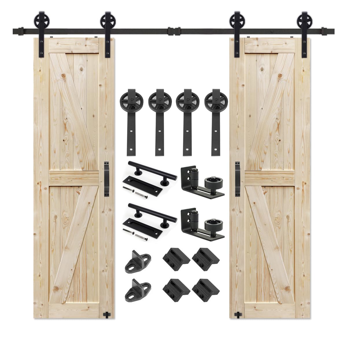 24x84 Inch Unfinished British Brace Knotty Barn Door with 8FT Sliding Hardware Kit - Solid Wood Double Surface Sliding Door for Home & Office (24x2 Door + Big Wheel) - Perfect for Rustic Farmhouse, Loft, and Industrial Style Interiors