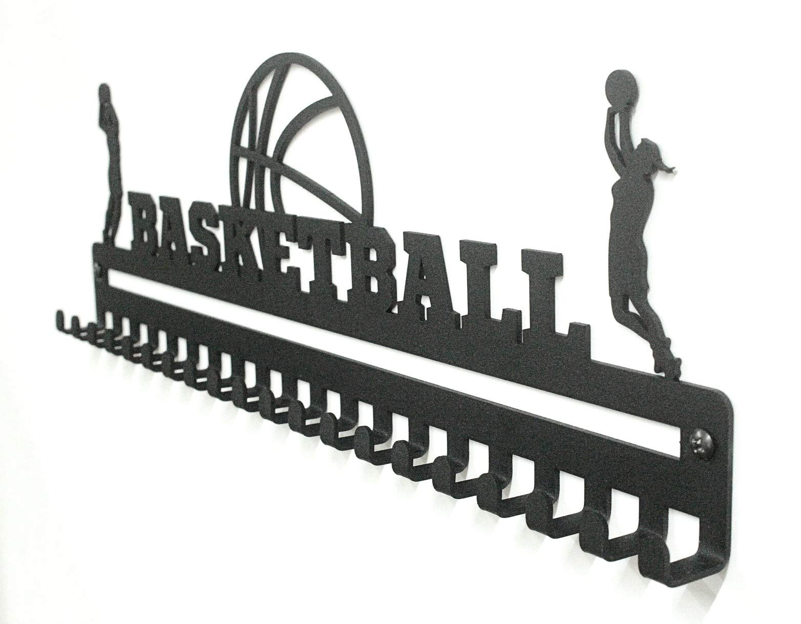 Metal Wall Mount Medal Holder & Floating Shelves - 20 Hooks for Basketball, Sports Lanyards, Ribbons - Easy Install Display Rack - Perfect Gift for Athletes, Kids & Adults (Black) - Ideal for Trophy Rooms, Bedroom Decor & Sports Awards Ceremonies