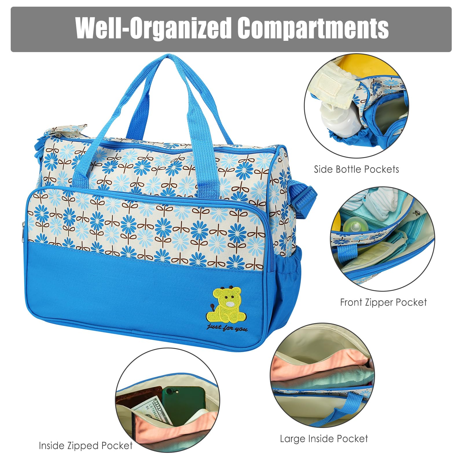 Zorpupoa Diaper Bag Tote Set for Boys, Girls & Moms - Large Portable Baby Changing Bag with 5 PCS Travel Essentials | Perfect for Daycare, Travel & On-the-Go Parenting