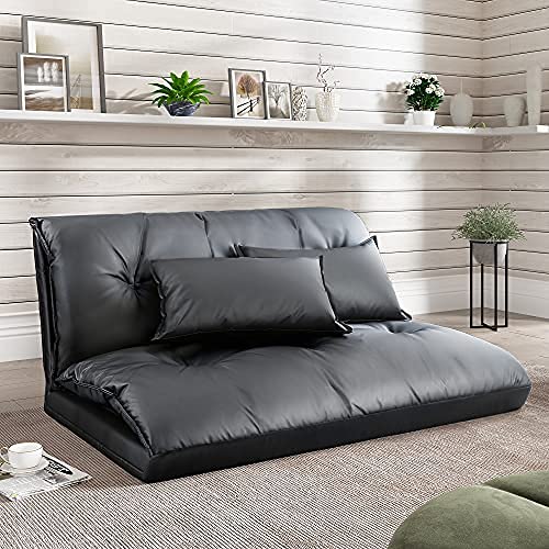 Modern Adjustable Foldable Leisure Sofa Bed - Convertible Futon Couch for Floor Lounging, Sitting, Watching TV, Reading & Gaming - Includes 2 Pillows (Black) | Perfect for Small Spaces, Apartments, Dorms & Home Theater Seating